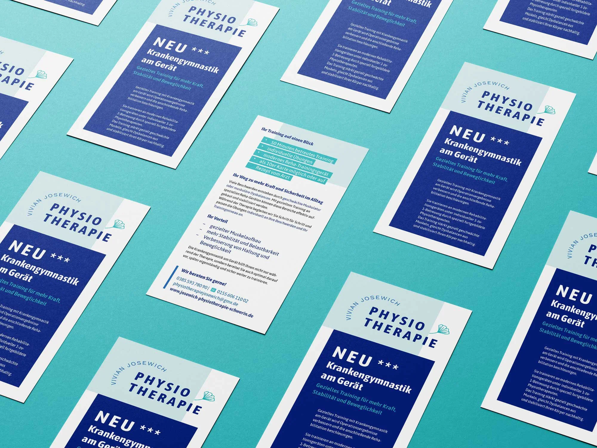 Flyerdesign für die Physiotherapiepraxis Vivian Josewich mit modernem Corporate Design.