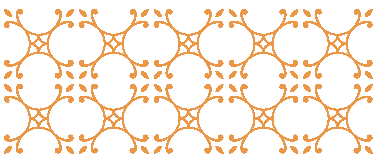 A decorative pattern with interconnected circular and floral design elements in a peach color on a black background.