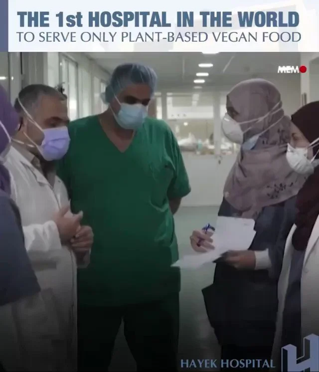 Group of healthcare professionals in a hospital corridor, wearing masks and discussing. Text overlay indicates it's the first hospital in the world to serve only plant-based vegan food, located at Hayek Hospital.
