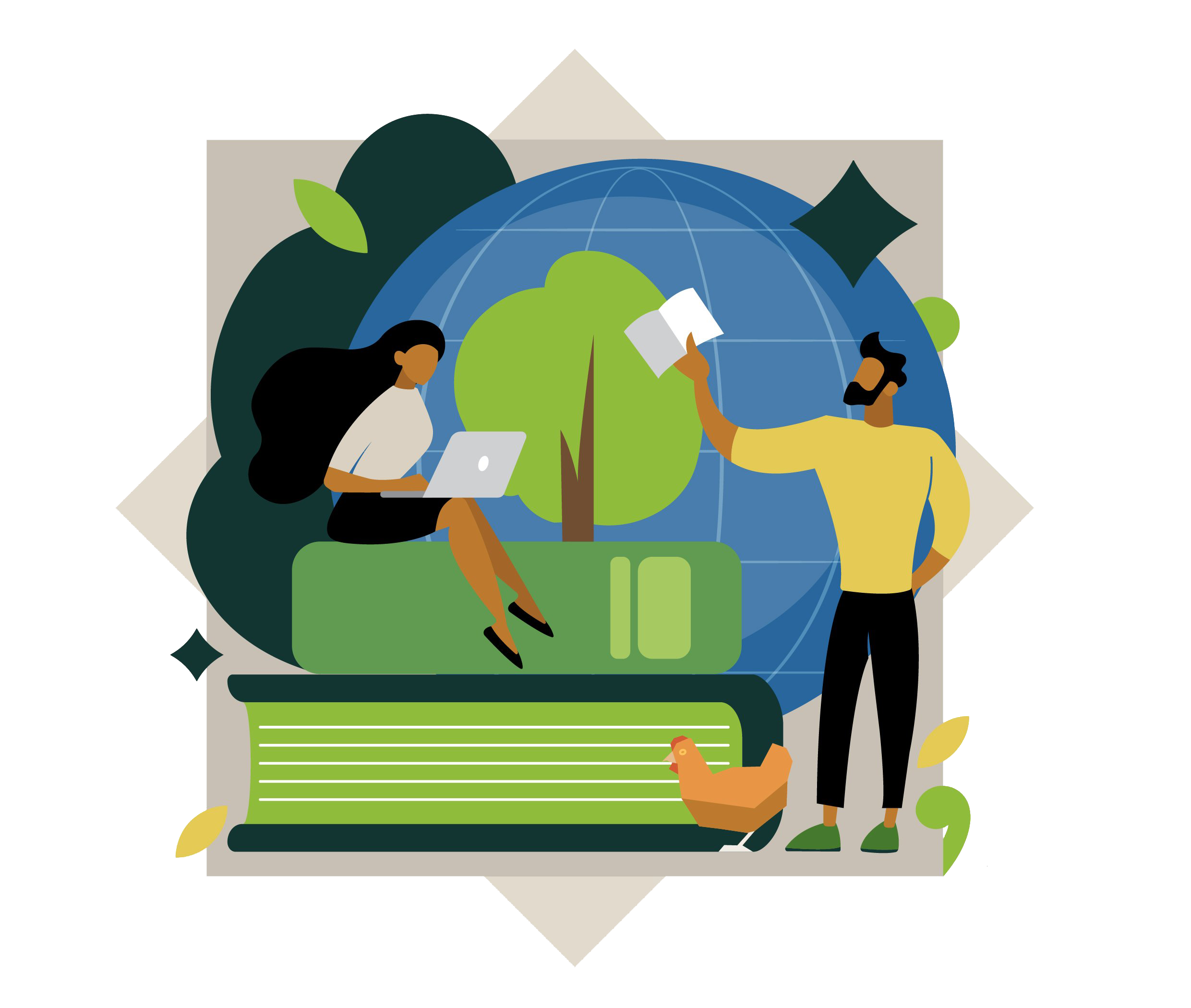 Illustration of two people discussing environmental sustainability with a large green tree, a globe background, and a book.