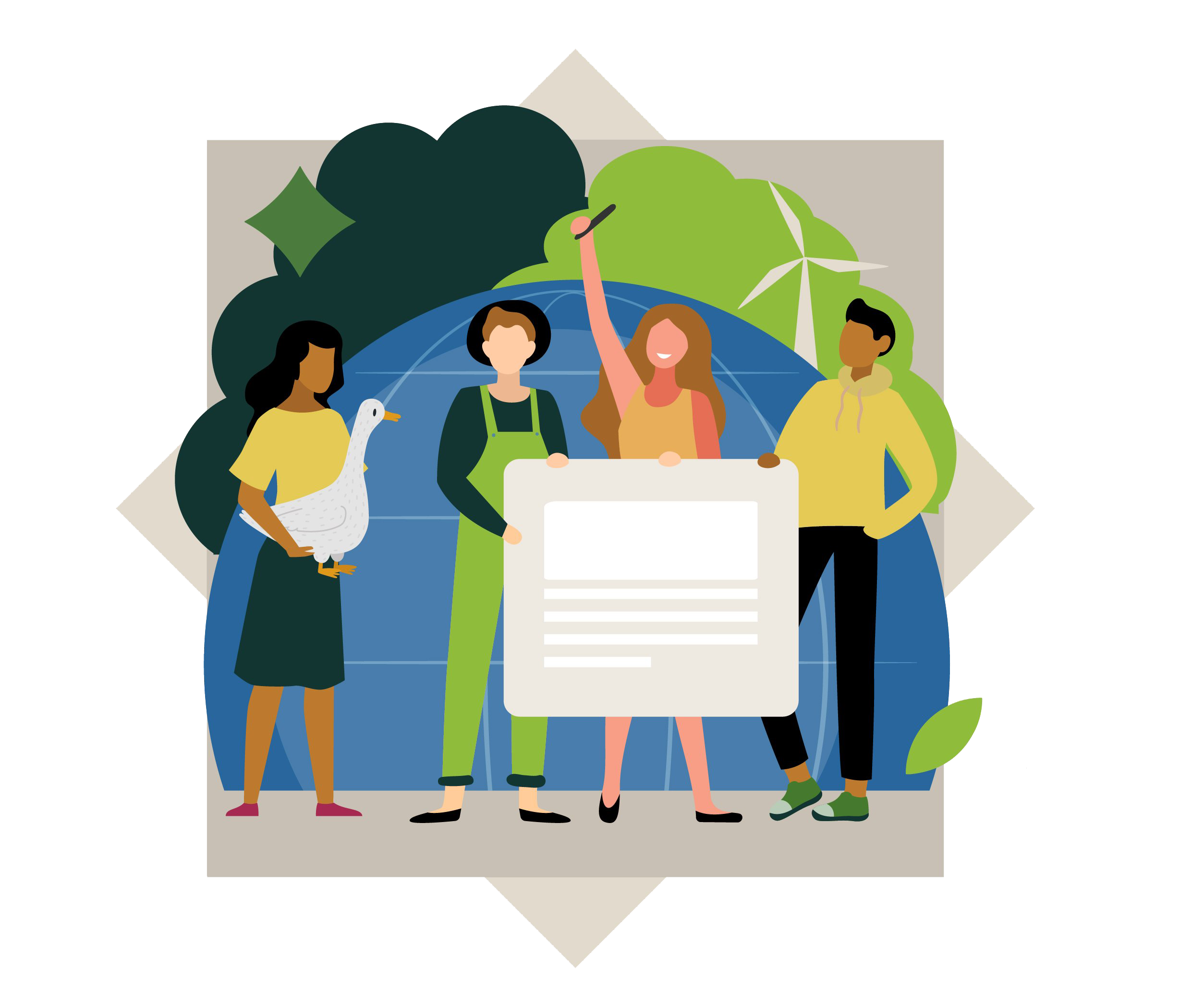 A diverse group of four people, including a woman holding a goose, standing in front of a globe with green foliage and wind turbines, symbolizing environmental activism.