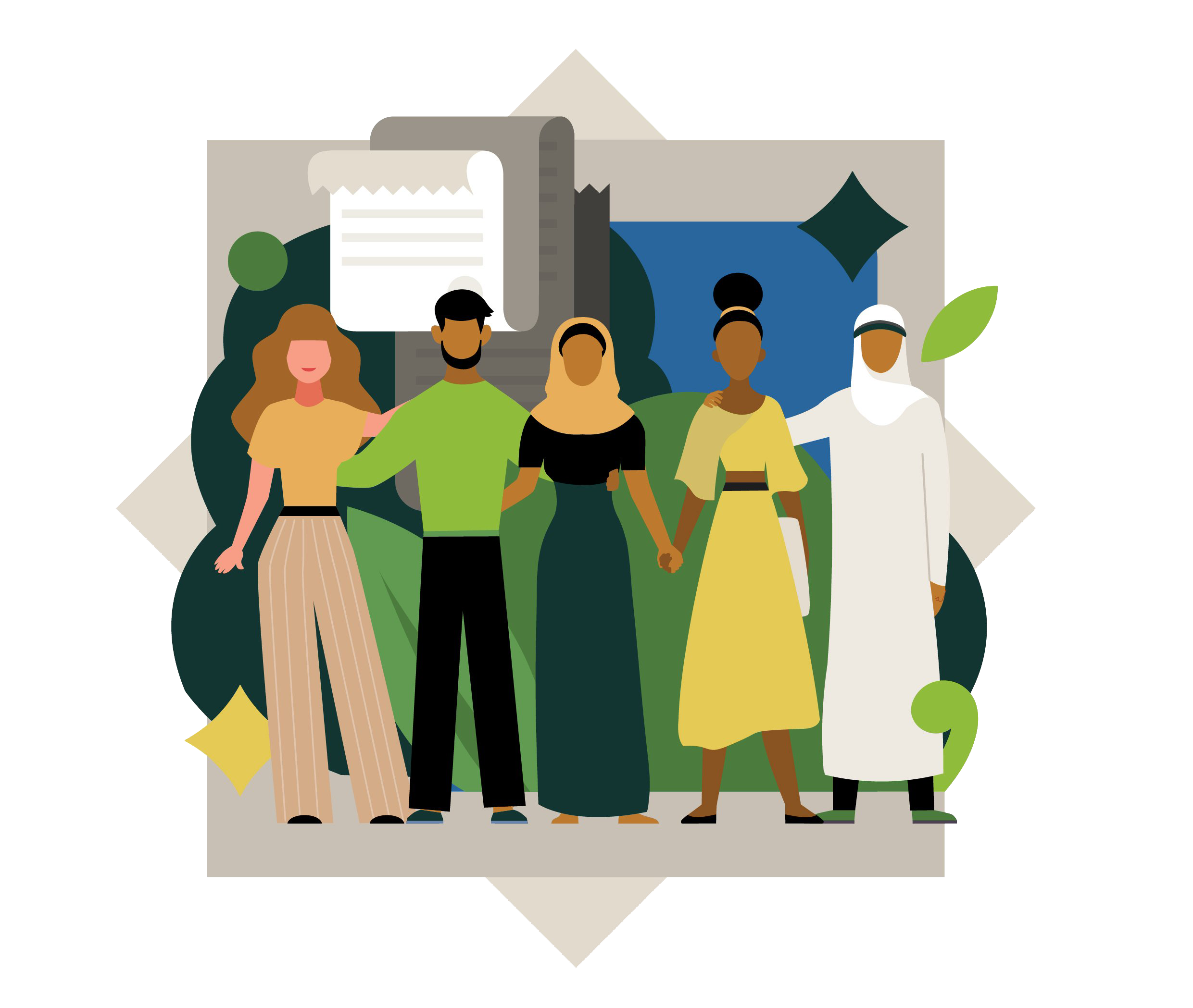 Illustration of diverse people holding hands outdoors with trees and paper notes in the background.