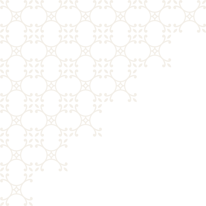 The image contains a decorative light beige patterned background with ornate, interconnected circular motifs in the top left corner, gradually fading into a plain white background.