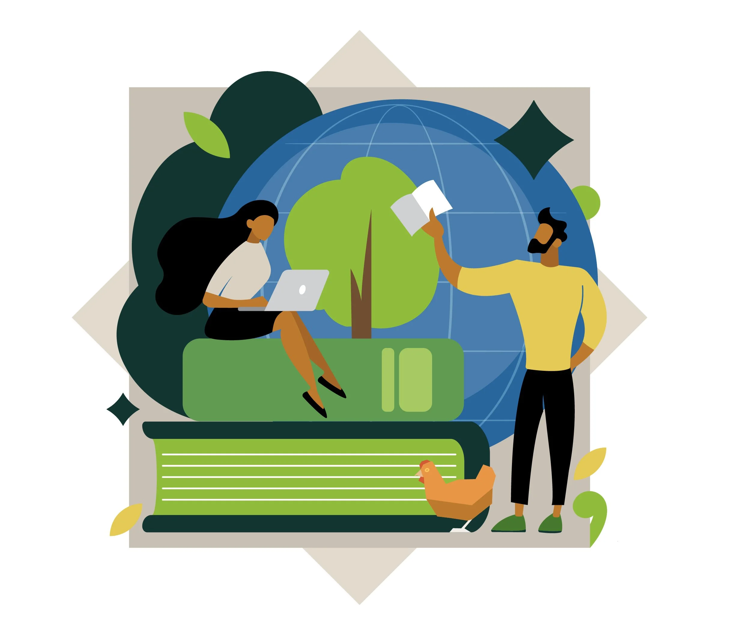 Illustration of a man and woman engaging in environmental activities with a globe, a tree, and books in the background.