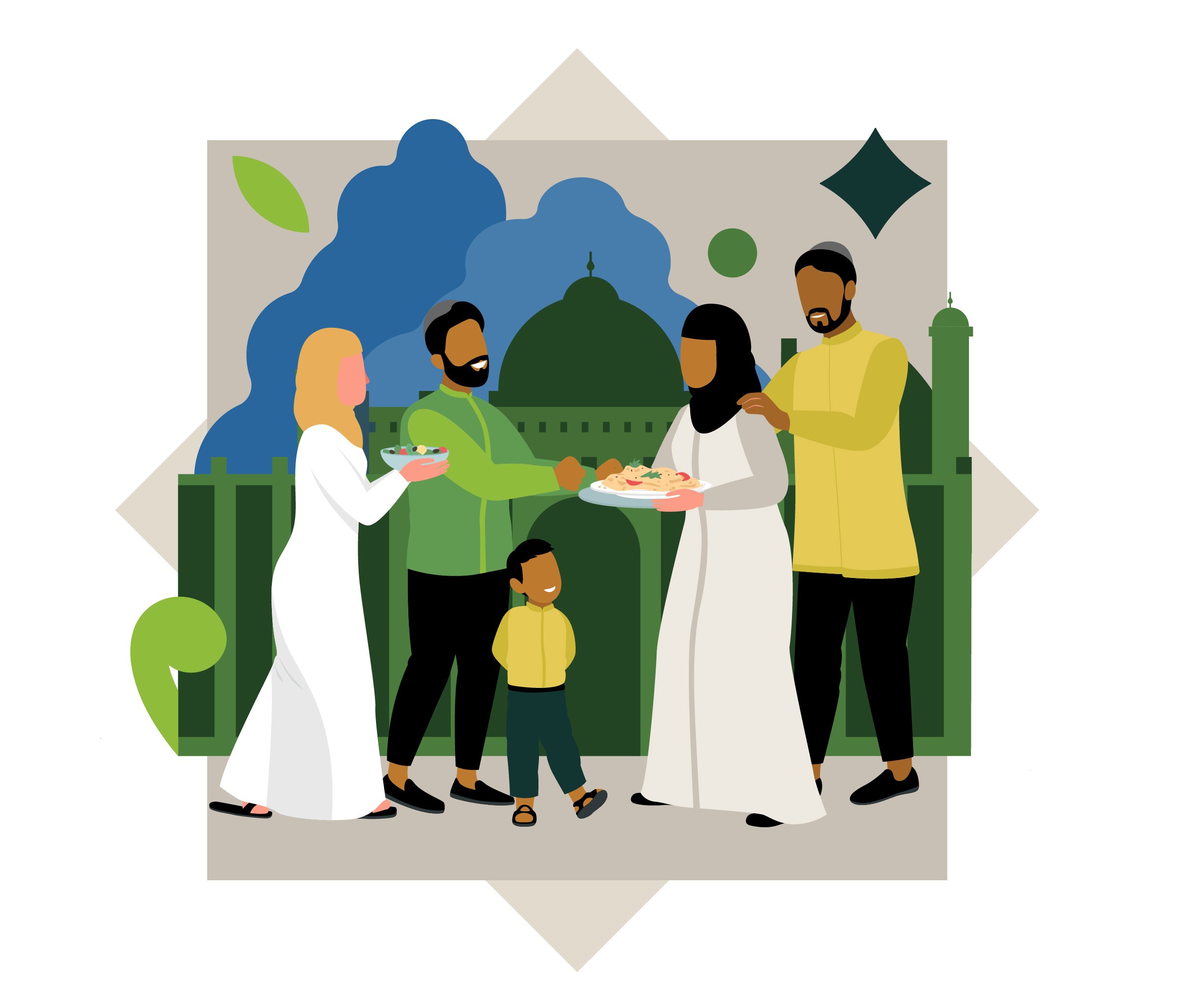 Illustration of a diverse family gathered outdoors, with a temple in the background, sharing a meal and celebrating.