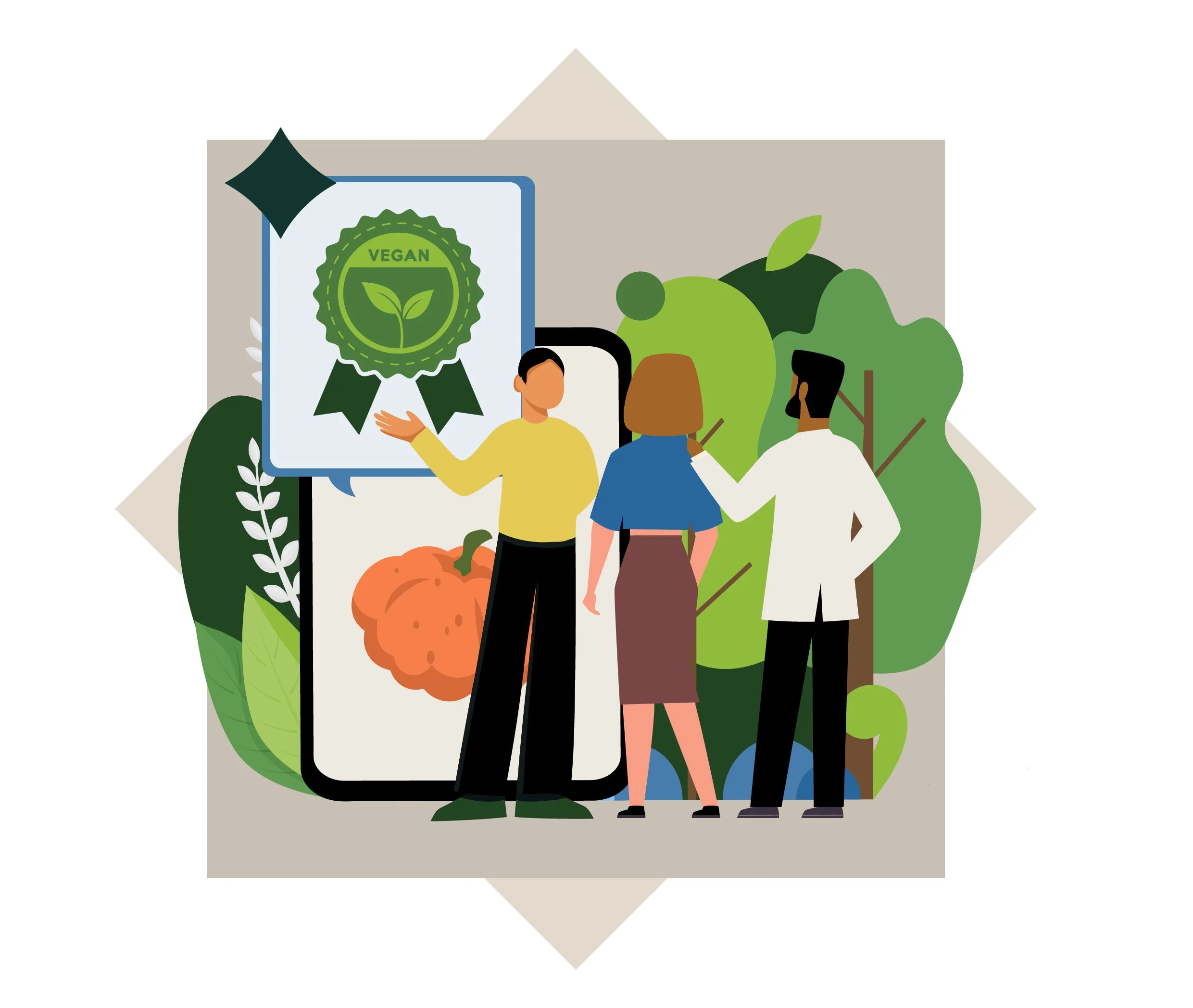 People discussing vegan food options with a smartphone display showing a vegan badge, surrounded by vegetables and leaves.