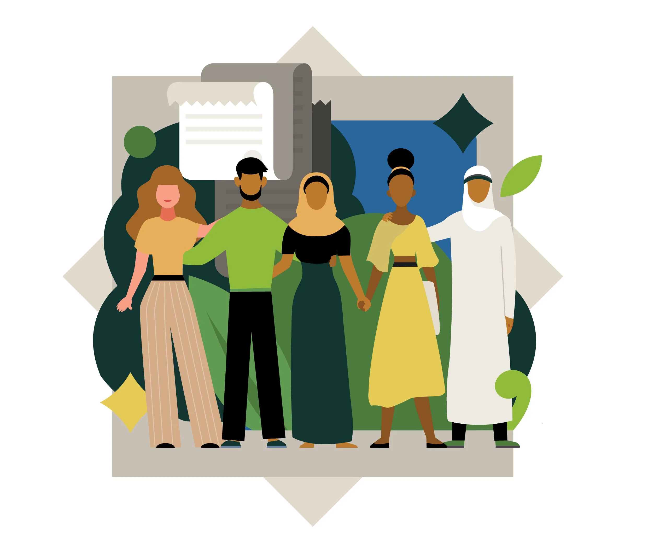 Illustration of diverse group of people holding hands, with background elements like a document, water, and greenery.