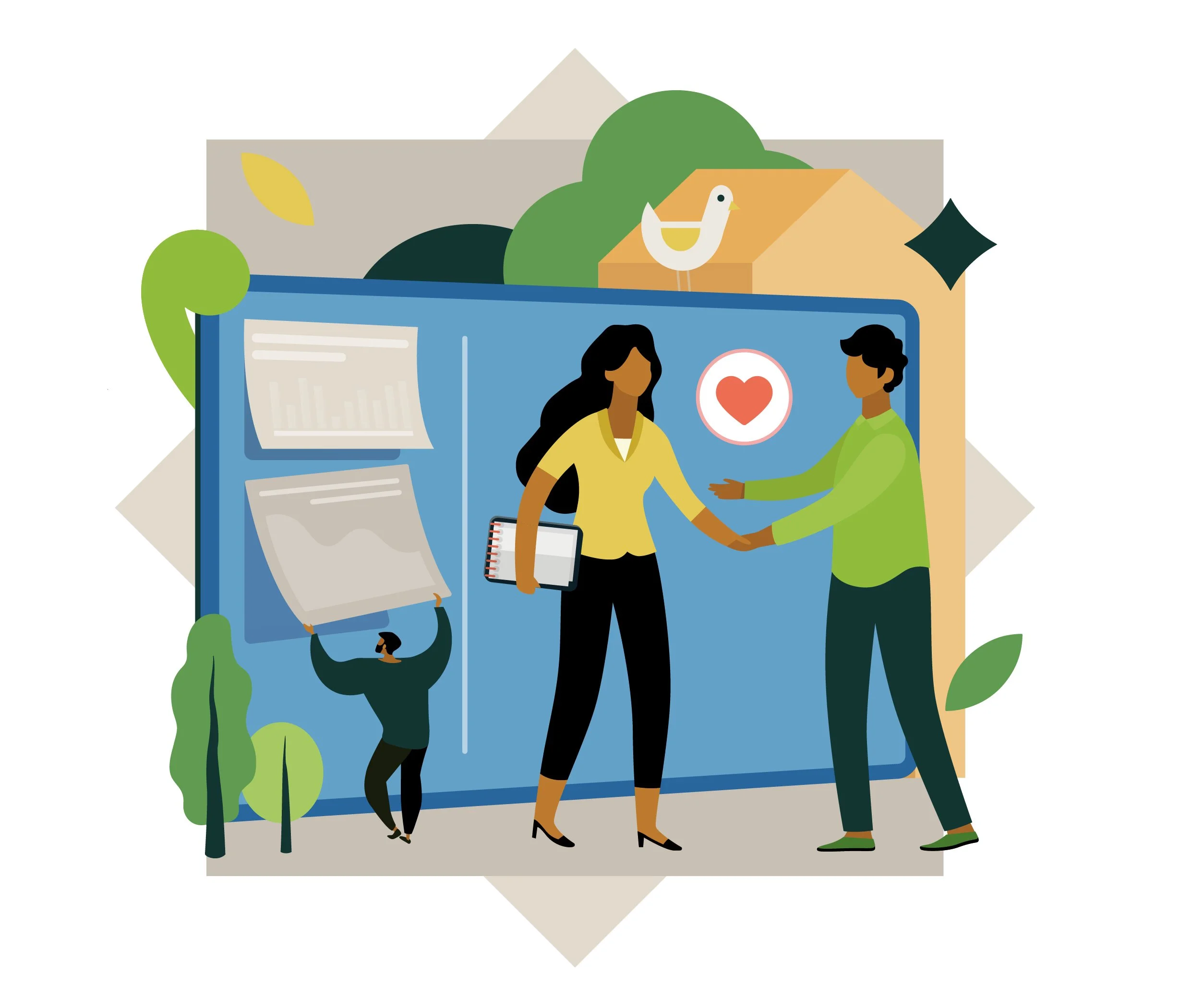 Illustration of two people shaking hands in a social context, with a small person holding a large document and a background of trees, houses, and a bird.