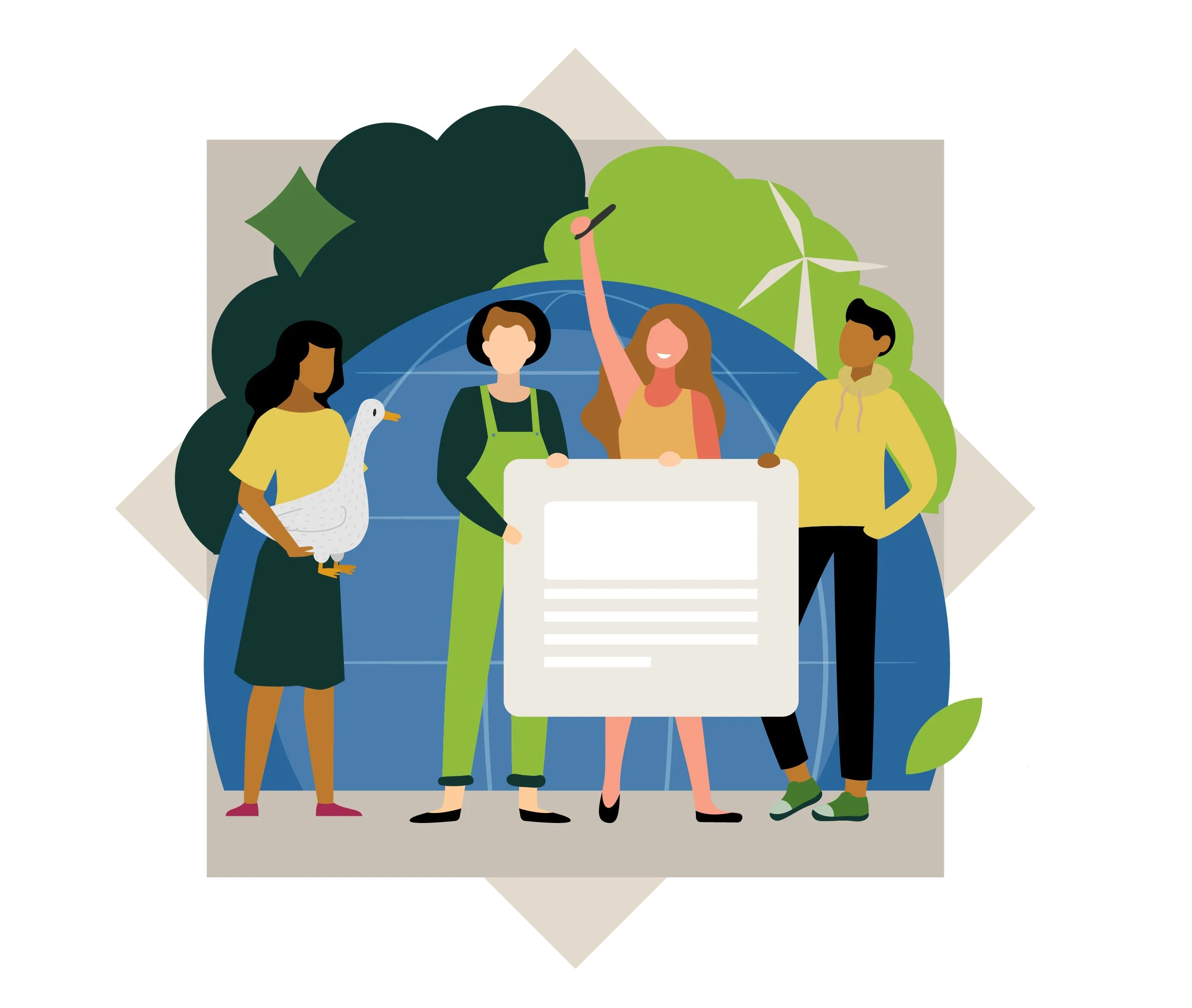 Illustration of diverse people holding a large sign with eco-themed background of trees, wind turbines, and a globe, symbolizing environmental activism and sustainability.