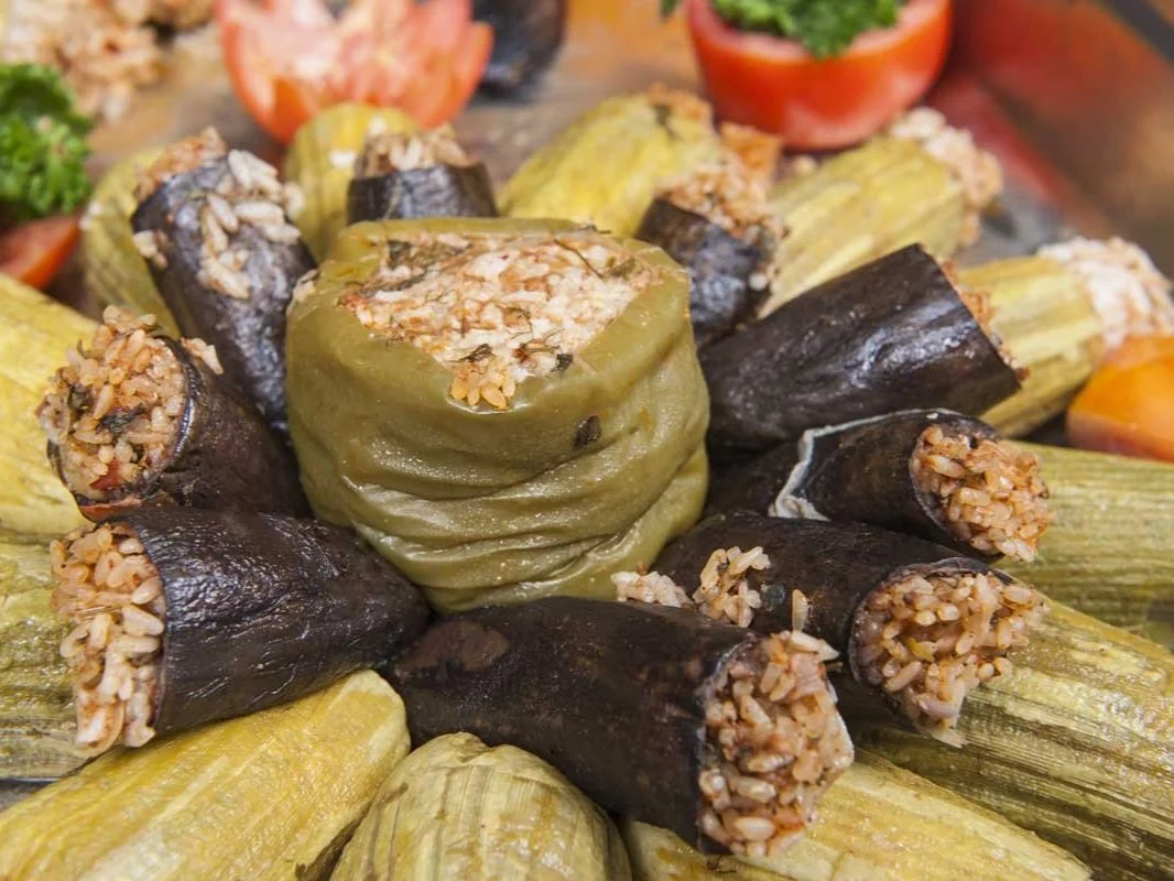 A plate of stuffed grape leaves, some wrapped in dark grapevine leaves and others in pale green leaves, arranged in a circular pattern with some tomato and lettuce garnishes in the background.