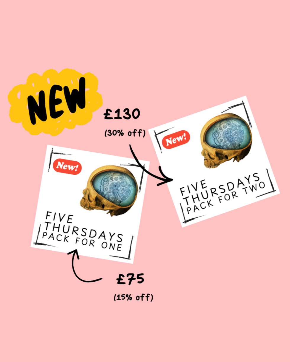 Promotional advertisement for a product called 'Five Thursdays'. Two packages are shown: one for a single Thursday at £75 with 15% off, and a pack for two Thursdays at £130 with 30% off. The packages feature an image of a skull with an electronic circuit inside the brain area and are labeled 'New!'. The background is pink with a yellow cloud-shaped highlight around the word 'New'.