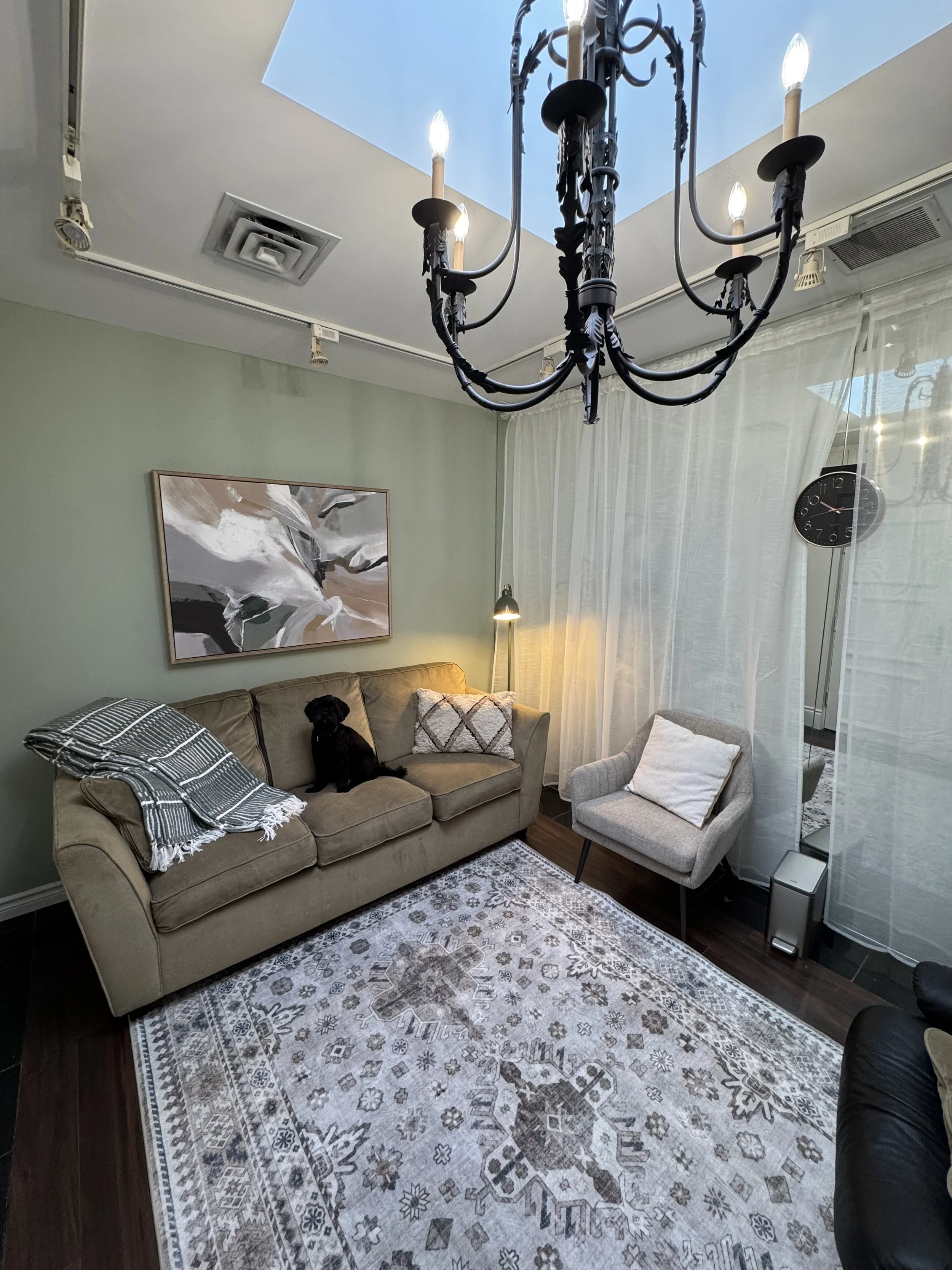 Living room with beige sofa, gray armchair, abstract wall art, black chandelier, patterned rug, window with sheer curtains, wall clock, and a black puppy sitting on the sofa.