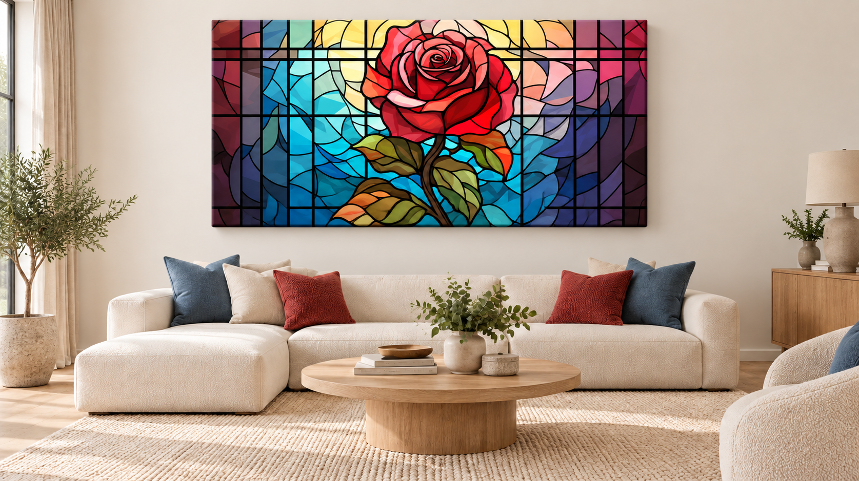 Stained-glass rose canvas above the sofa.png