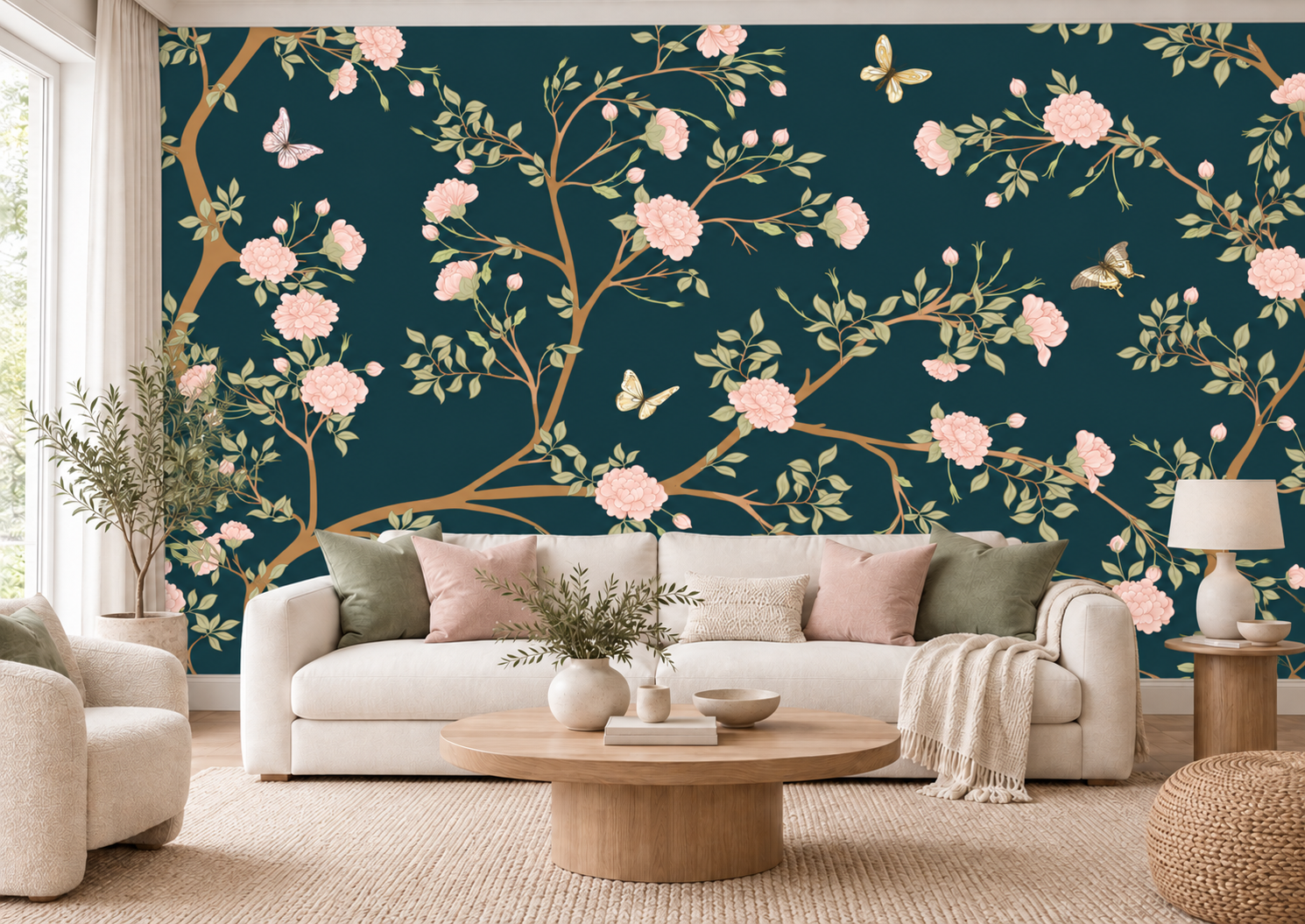 Deep teal floral wallpaper living room.png
