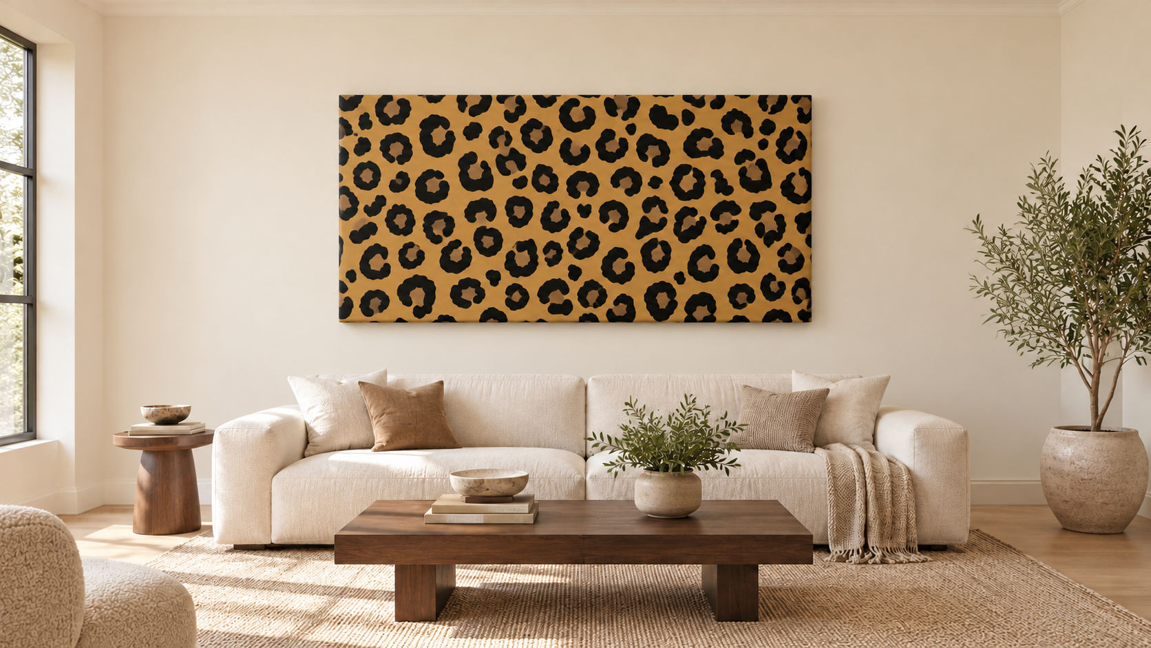 Golden leopard canvas above the sofa.png