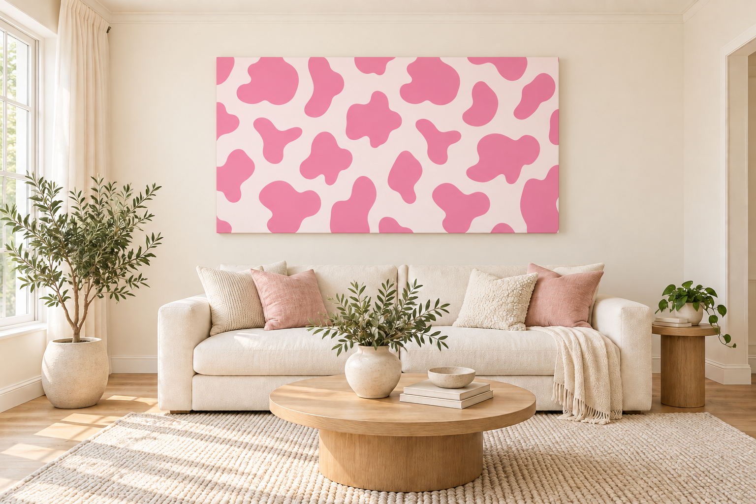 Blush cow-print canvas above the sofa.png