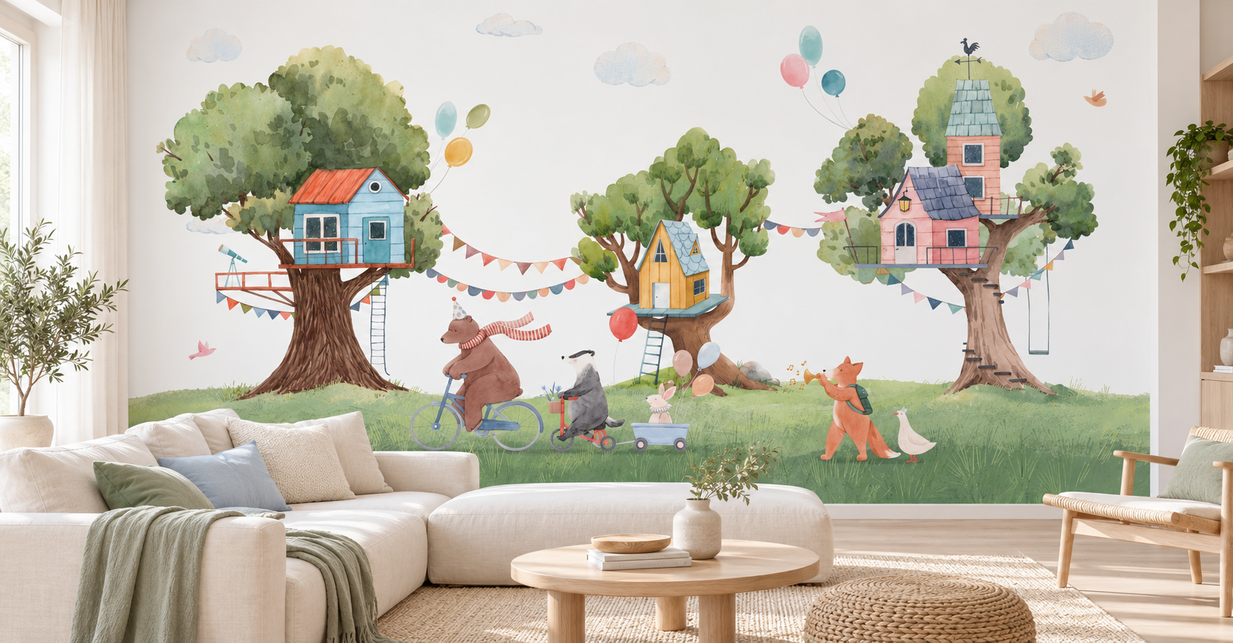 Cozy sitting room with whimsical treehouse mural.png
