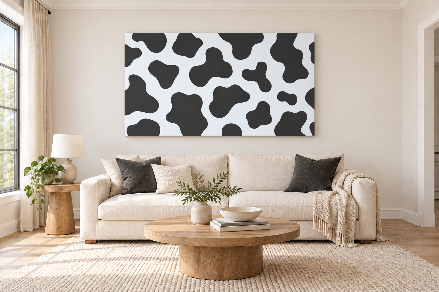 Cow-Print Canvas Above an Ivory Sofa.png