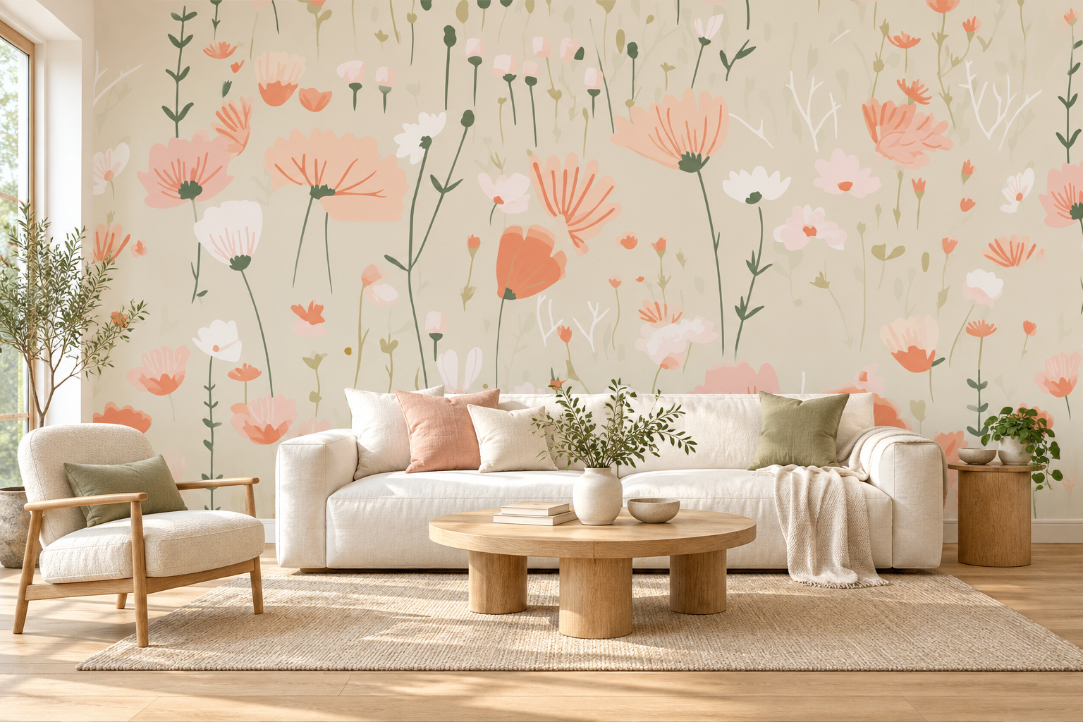 A living room with a white sofa, decorated with pastel-colored pillows, a round wooden coffee table with books and a plant, a plush armchair with a pillow, and a side table with plants. The background features a floral wallpaper with large, pink, white, and green flowers, and there is natural light coming in from a window on the left.