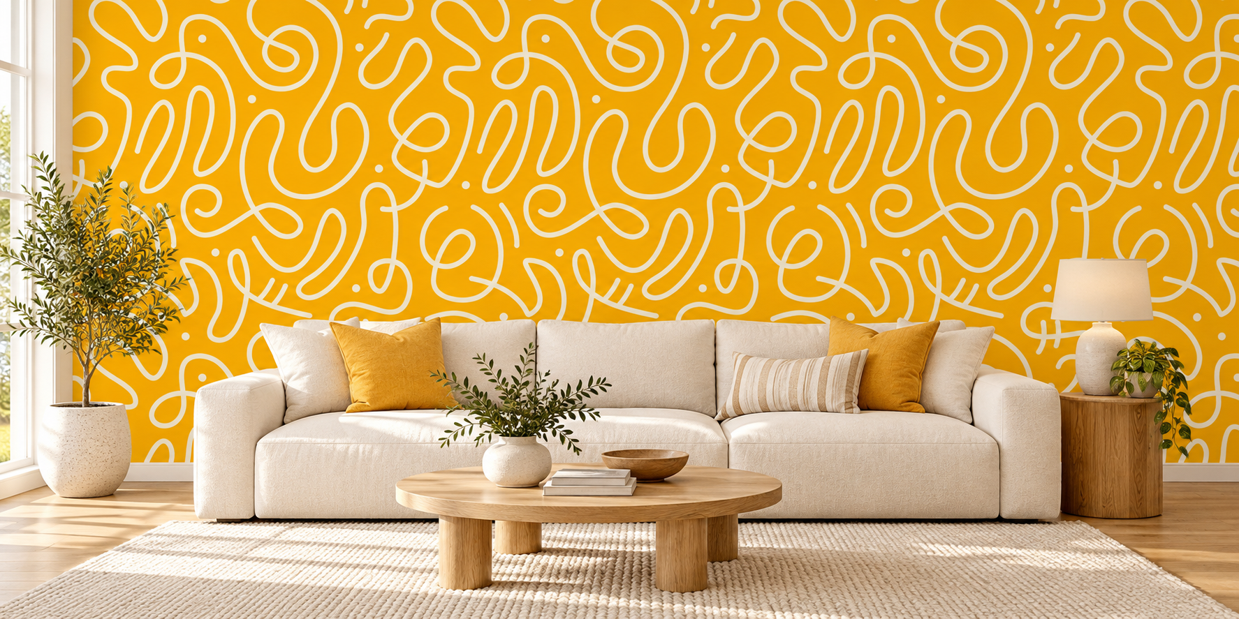 Golden squiggle wallpaper living room.png