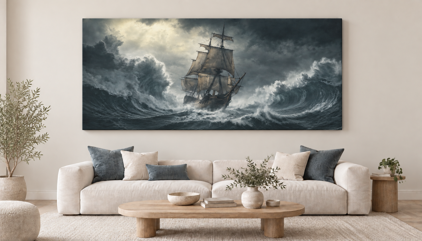 Muted sailing ship canvas above the sofa.png