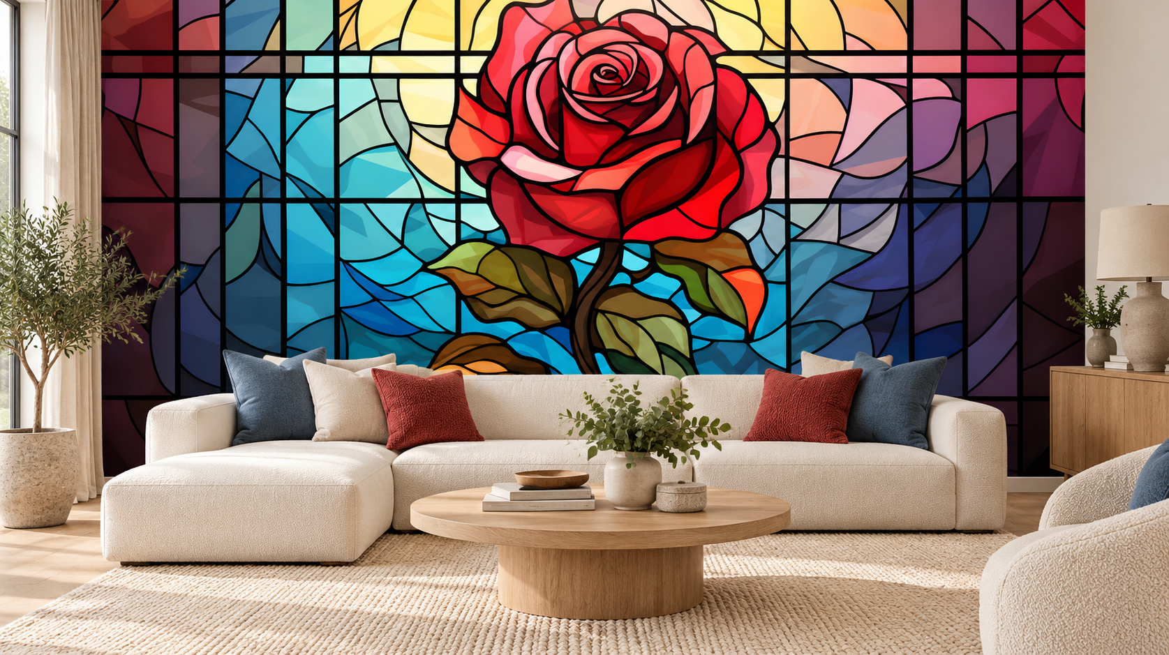 Scarlet rose stained glass living room mural.png