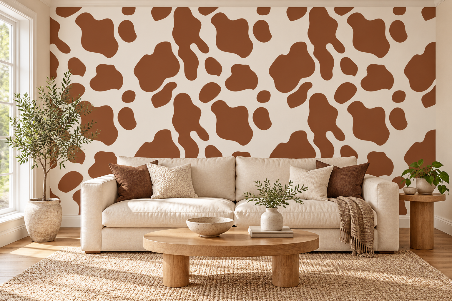 Brown cowhide wallpaper living room.png