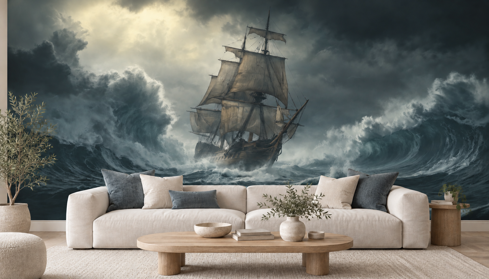 Muted misty seascape wallpaper in living room.png