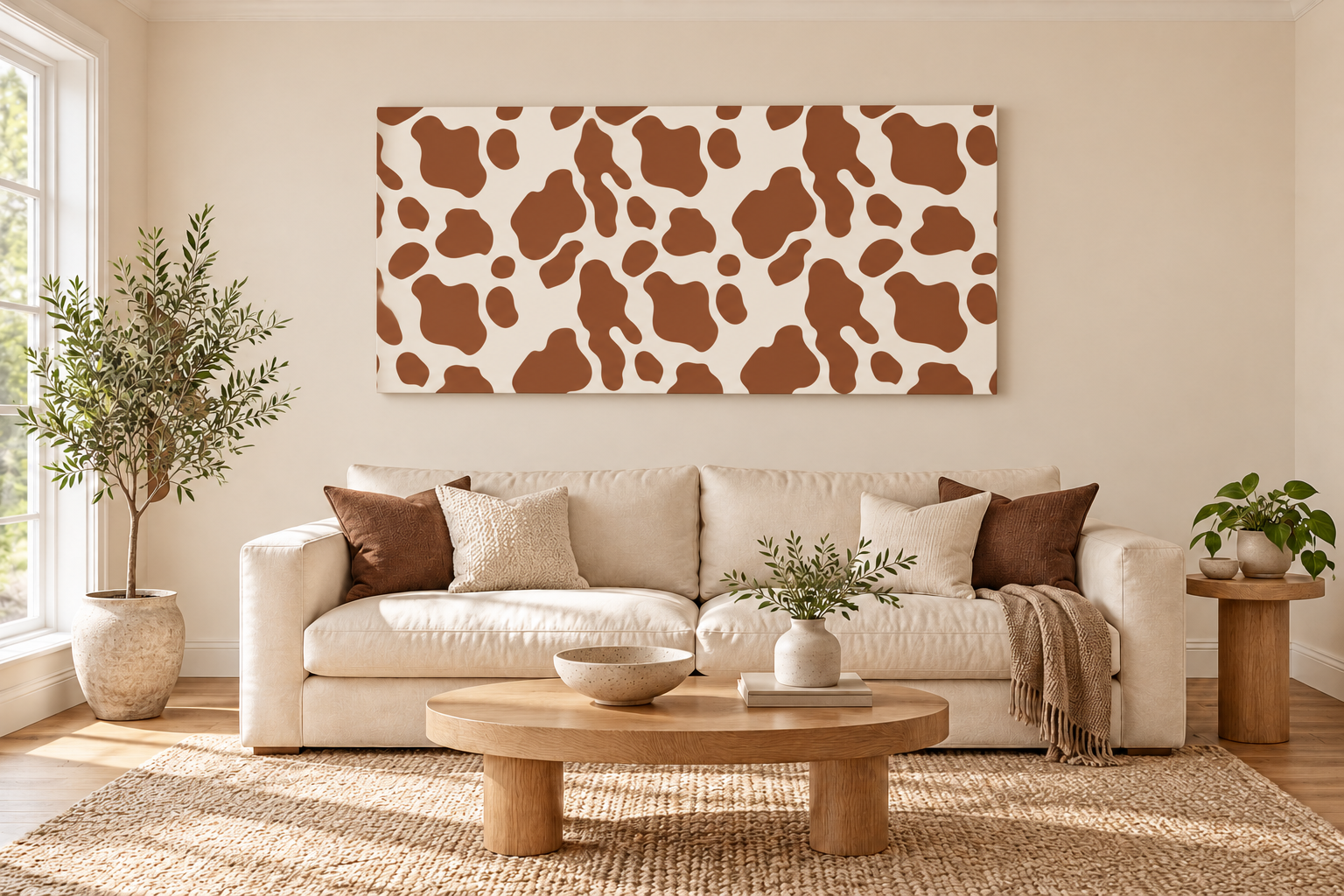 Cow-print canvas above ivory sofa.png