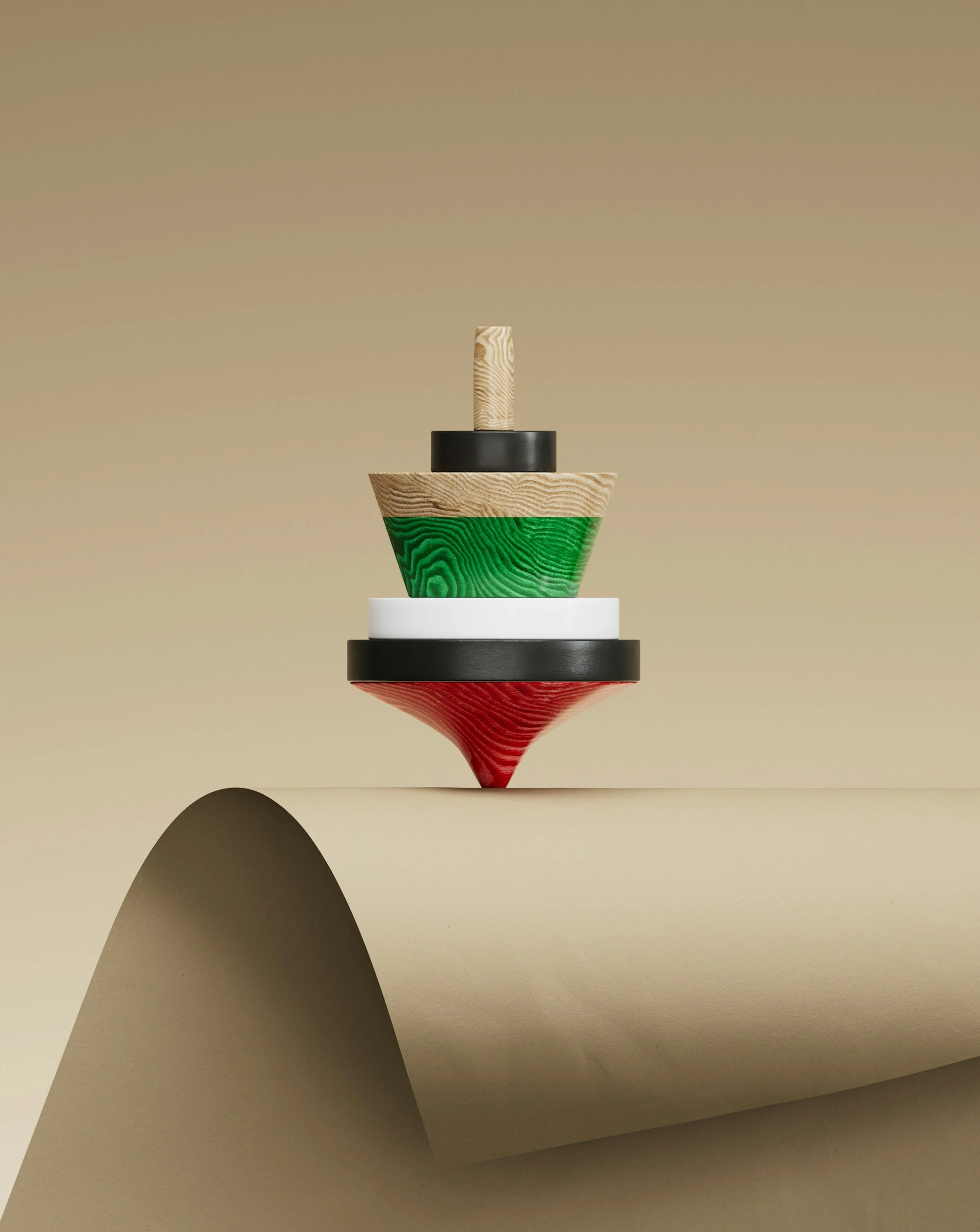 Abstraktes surrealistisches Kunstwerk mit gestapelten Formen in verschiedenen Farben und Texturen auf einer gekrümmten Oberfläche.