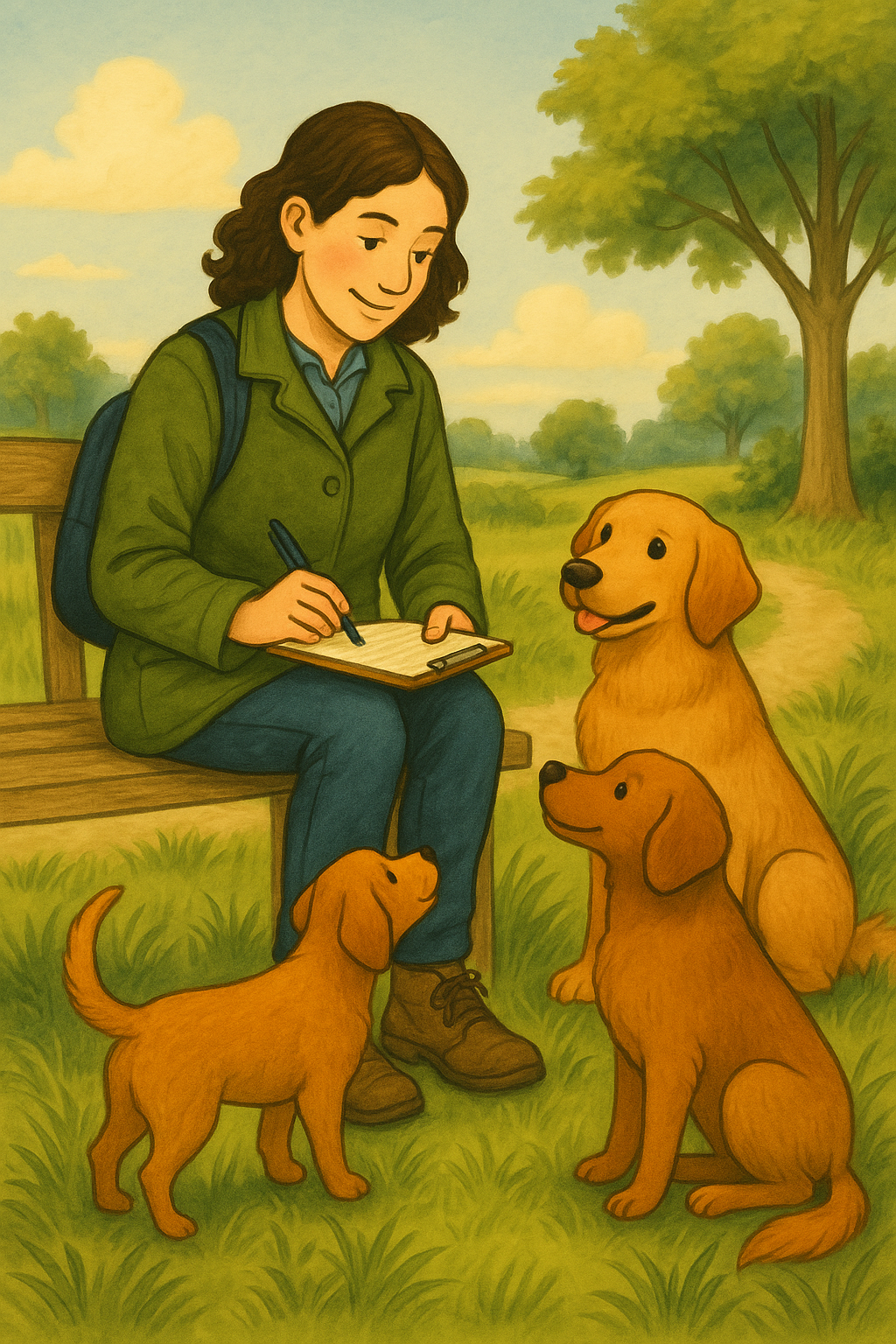 A woman sitting on a park bench writing on a clipboard while four golden retrievers sit nearby on a grassy field with trees and a cloudy sky in the background.