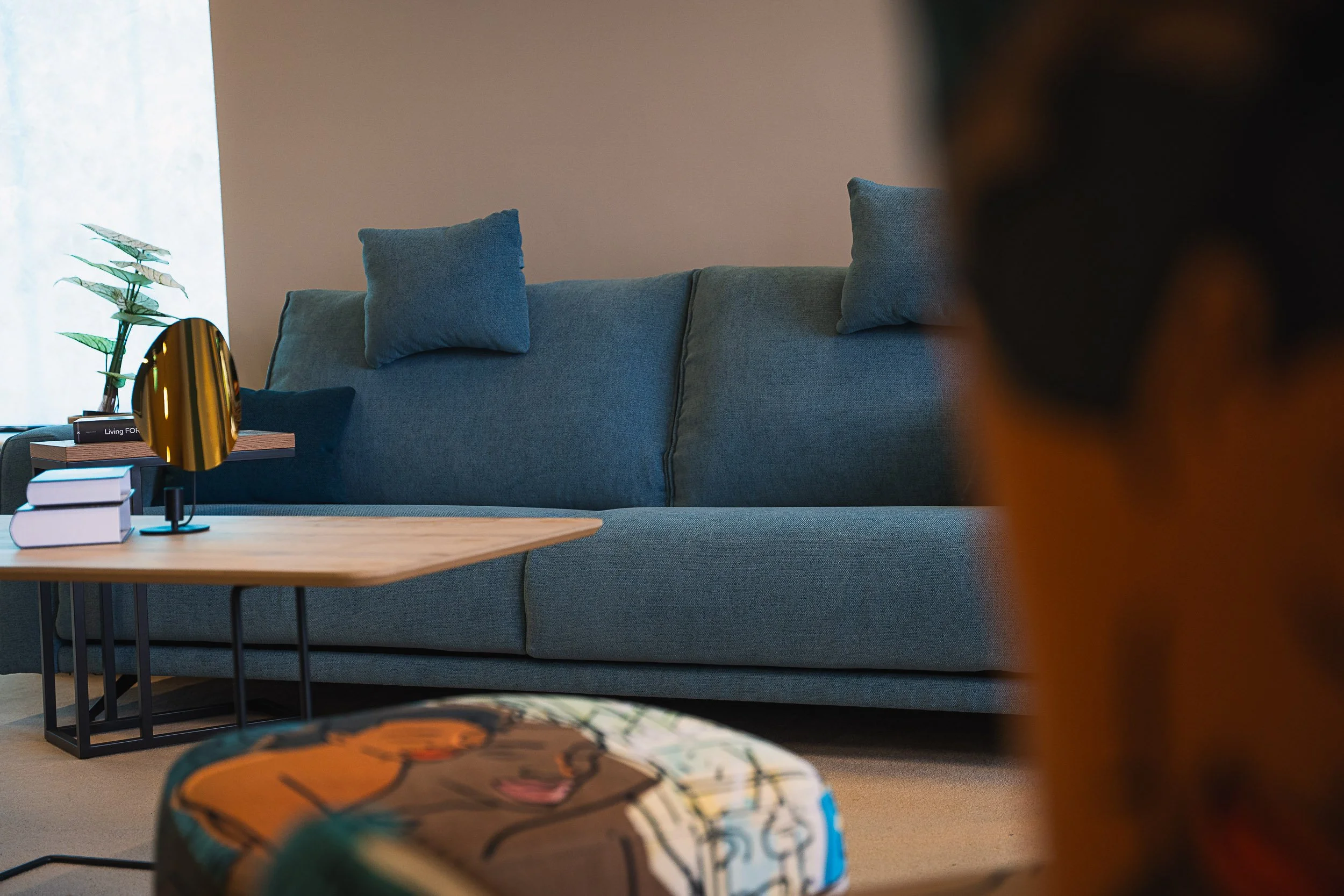 Living room with a blue sofa, small wooden coffee table, books, a gold mirror, a potted plant, and a person partially visible in the foreground.