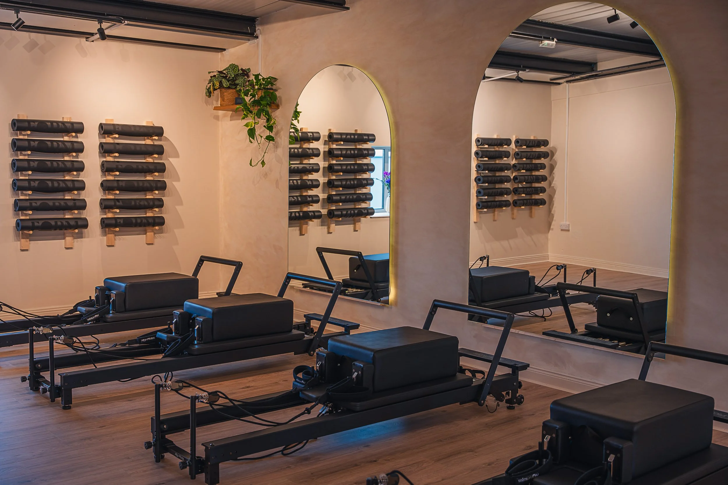 Fitness studio with Pilates reformer machines, large mirrors, and herbal plants on the wall.