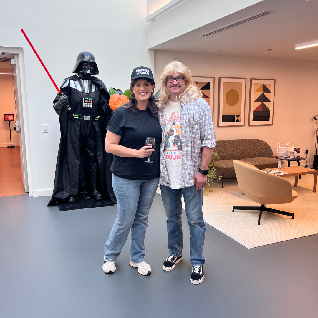 Two members of The Wedge dressed up for halloween in the lobby