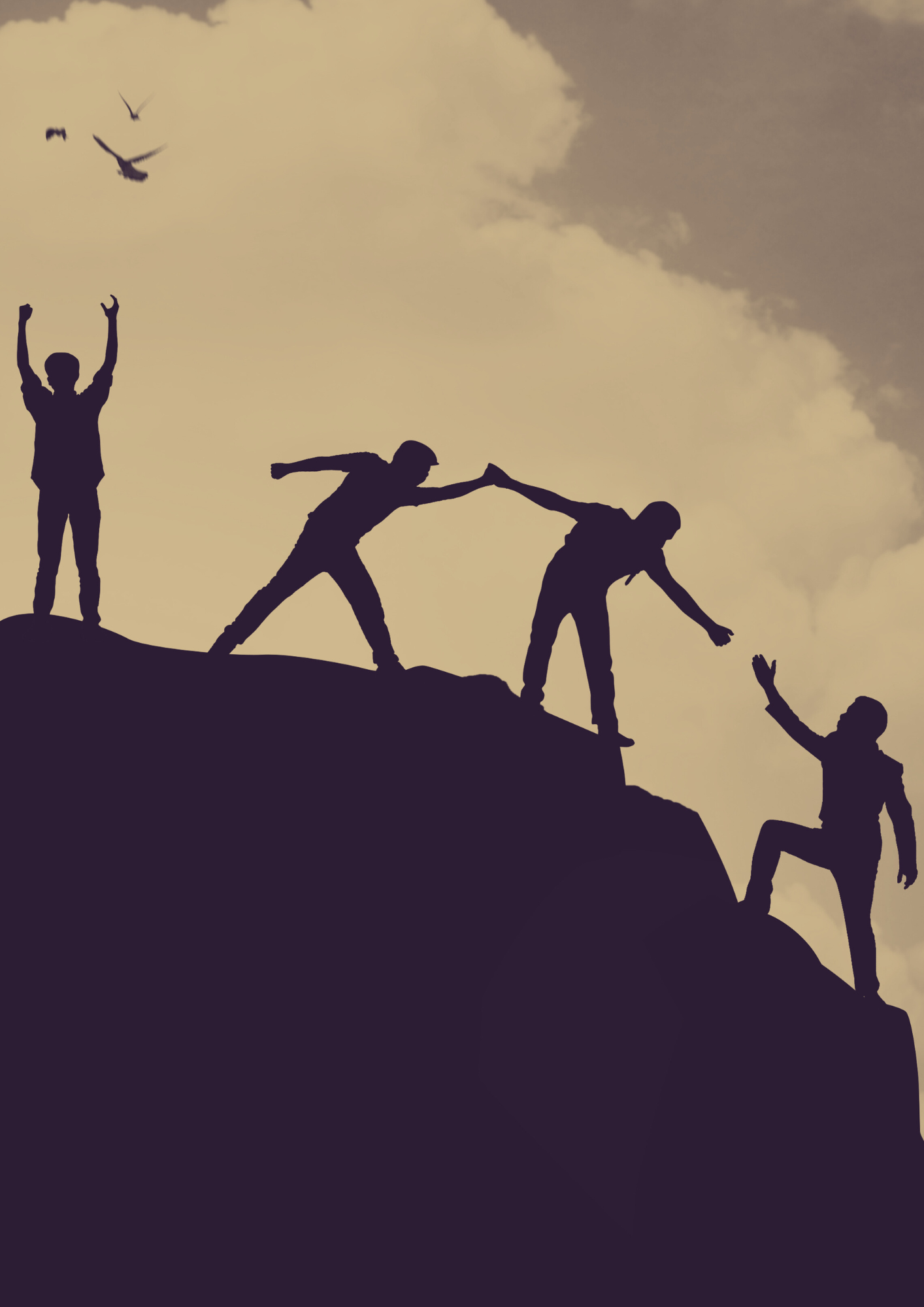 Silhouettes of five people helping each other climb a mountain against a cloudy sky with birds flying overhead.