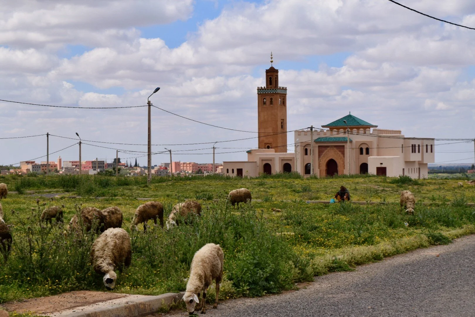 A mosque with a tall minaret and a green-tiled roof in a rural setting, with sheep grazing on grass, a person sitting nearby, and a partly cloudy sky overhead.