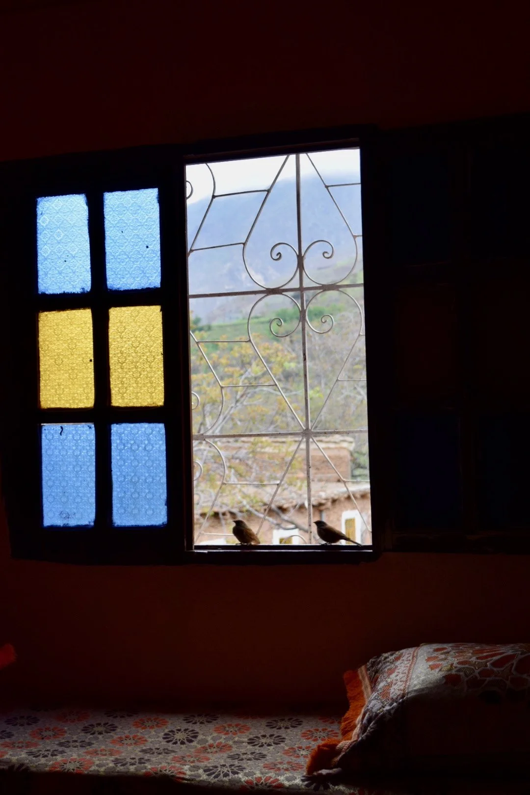 A window with colorful stained glass on the left and decorative metalwork on the right, showing two birds perched on the windowsill and a distant view of mountains and rooftops outside.