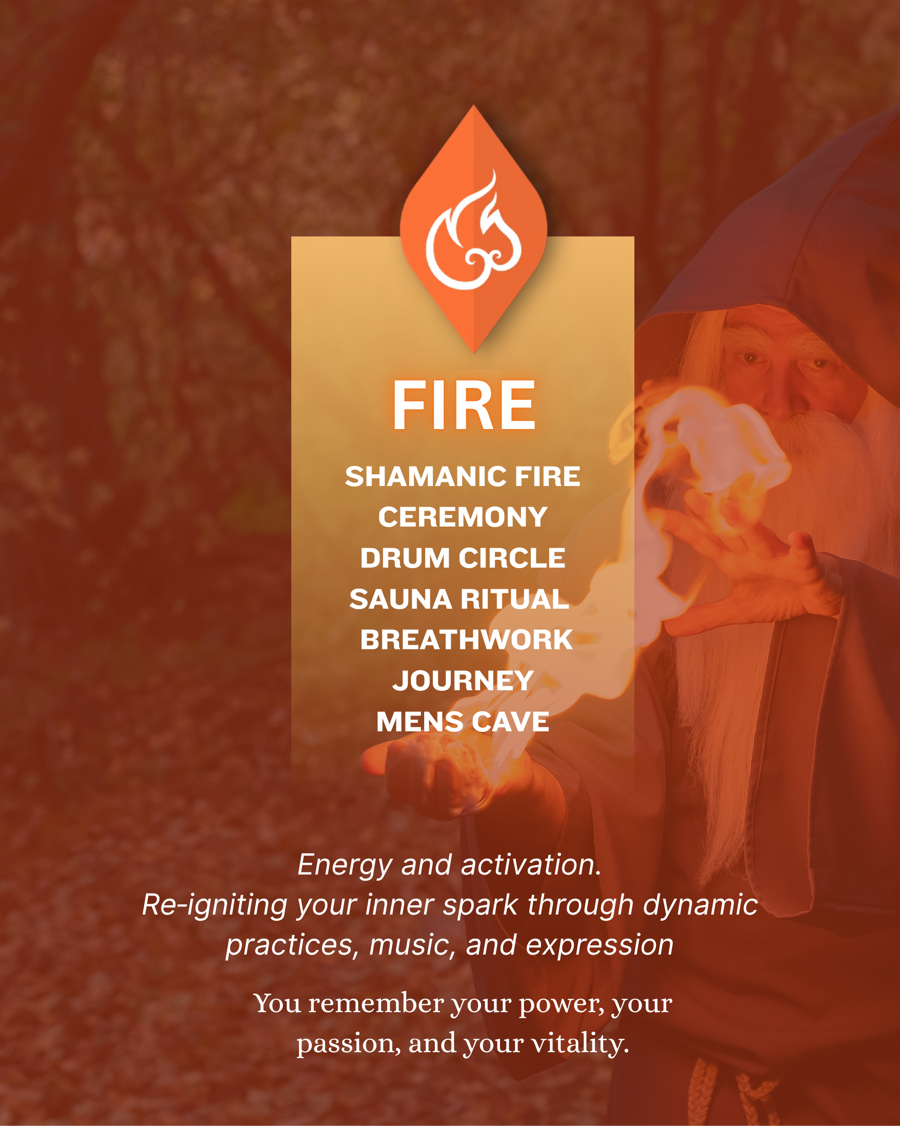 A person dressed in a dark cloak with a hood, performing a fire-breathing ritual outdoors during sunset, with a background of trees and warm light.