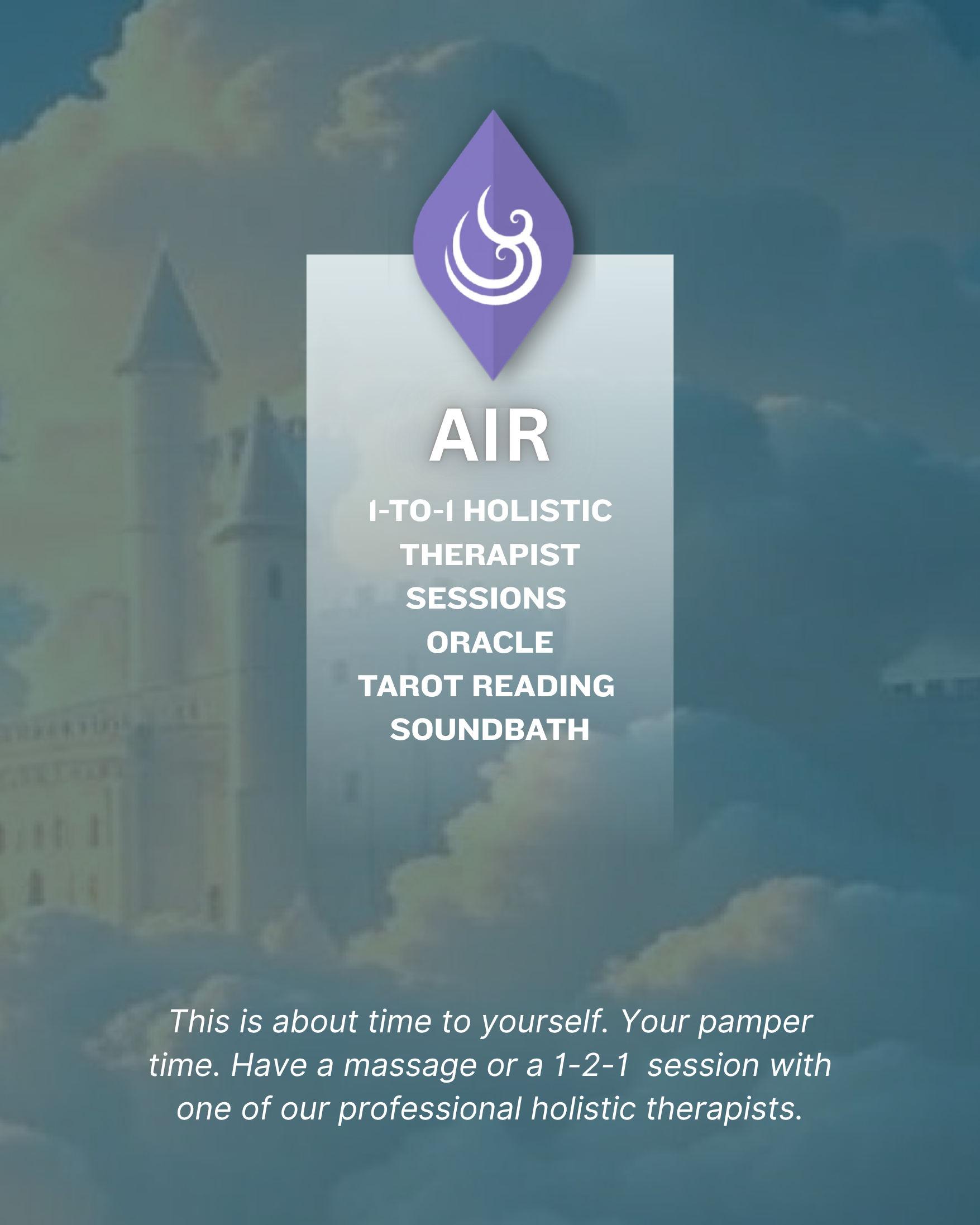 A promotional image for holistic therapy sessions called AIR, offering I-to-1 sessions, oracle, tarot reading, sound bath, and therapy. The background features a cloudy sky and a castle, with a purple decorative element at the top.