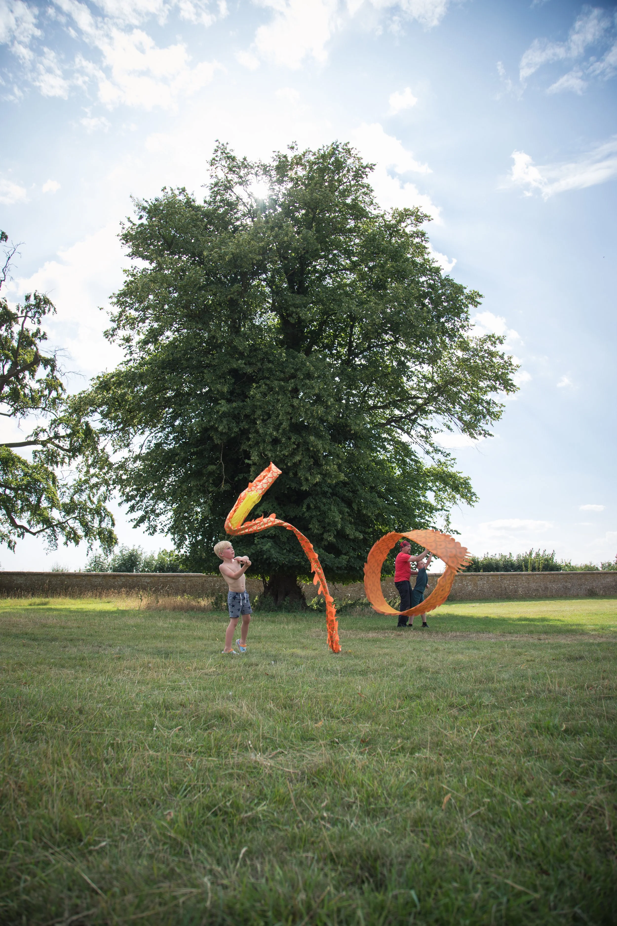 Children playing with large, orange, dragon-shaped hoop toys outdoors on a grassy field under a large tree with a partly cloudy sky.