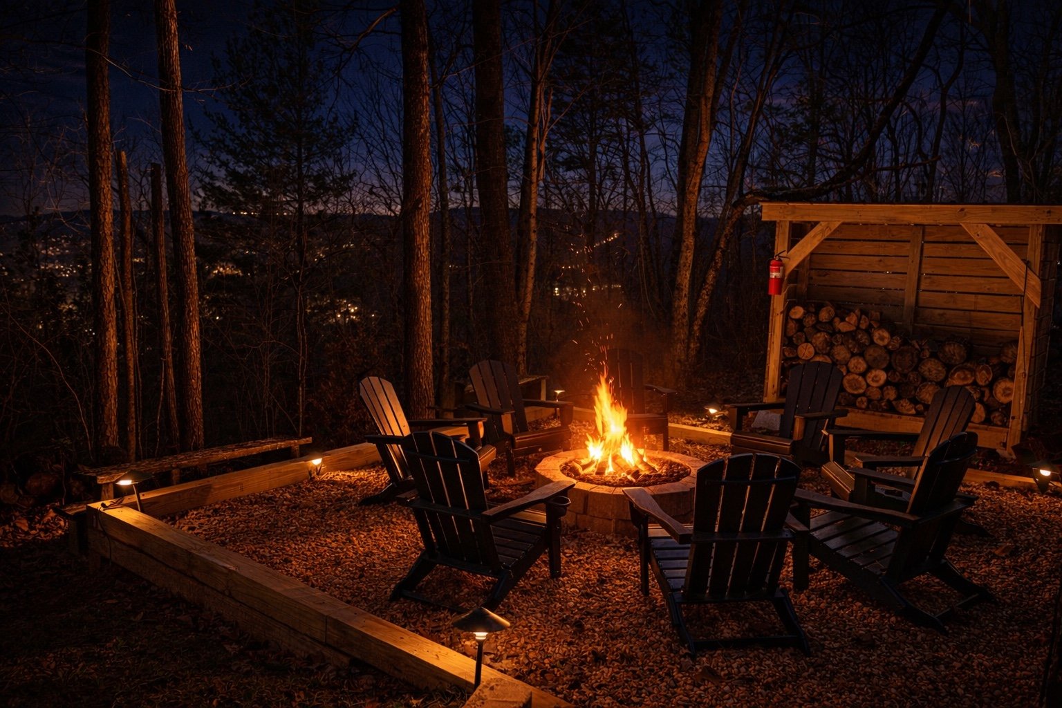 Nighttime outdoor wood fire pit area with six chairs arranged in a circle around a campfire, surrounded by tall trees, with a wood storage shed and stacked logs in the background, and soft landscape lighting.