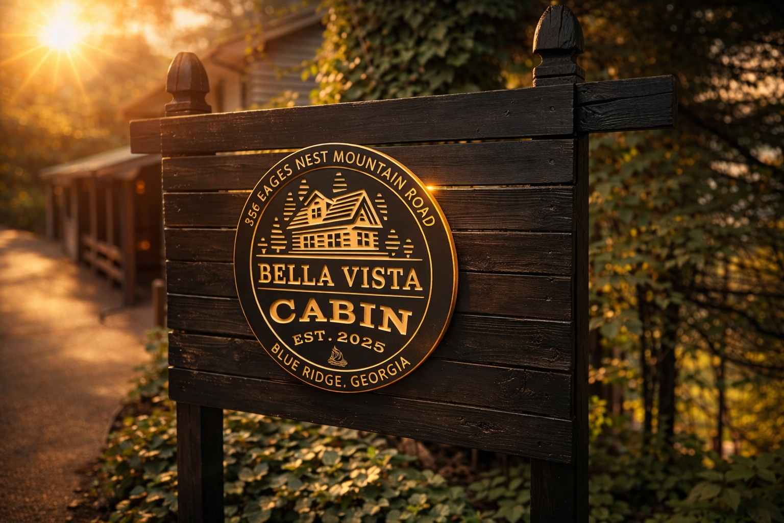 A black wooden sign with a gold emblem reading 'Bella Vista Cabin, Est. 2025, Blue Ridge, Georgia,' with a depiction of a house surrounded by trees, during sunset.