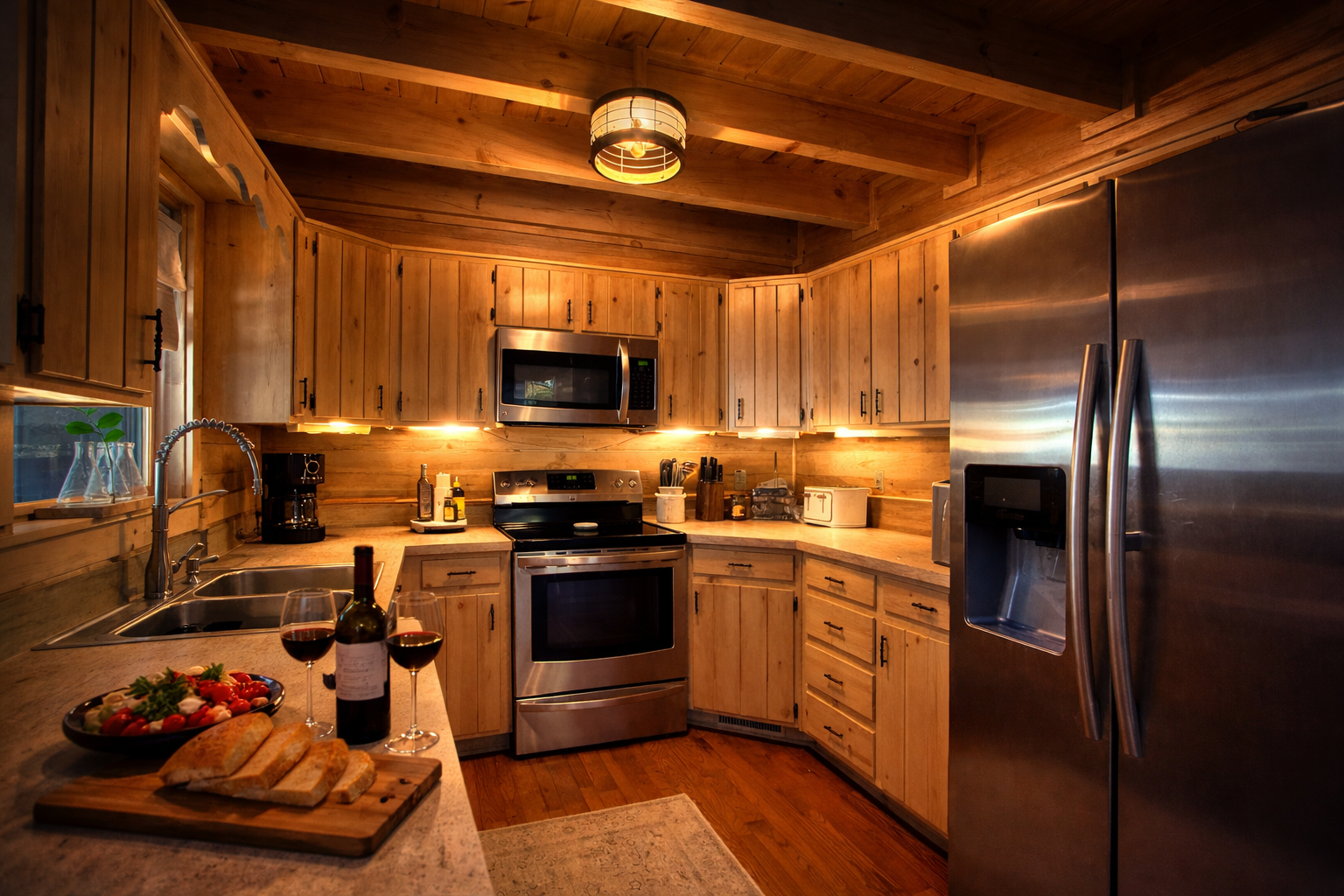 Cozy kitchen with wooden cabinets, stainless steel appliances, a counter with bread, salad, a bottle of wine, and glasses, and warm lighting.