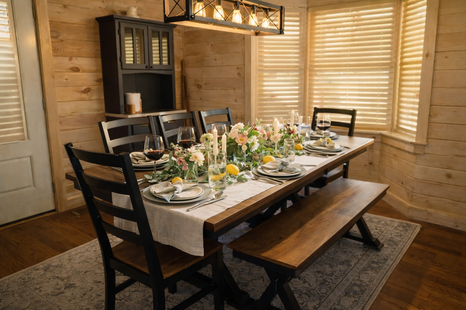 A dining table set for a meal with floral centerpiece, candles, wine glasses, and lemons, in a wooden-paneled room with shutters on the windows and a chandelier overhead.