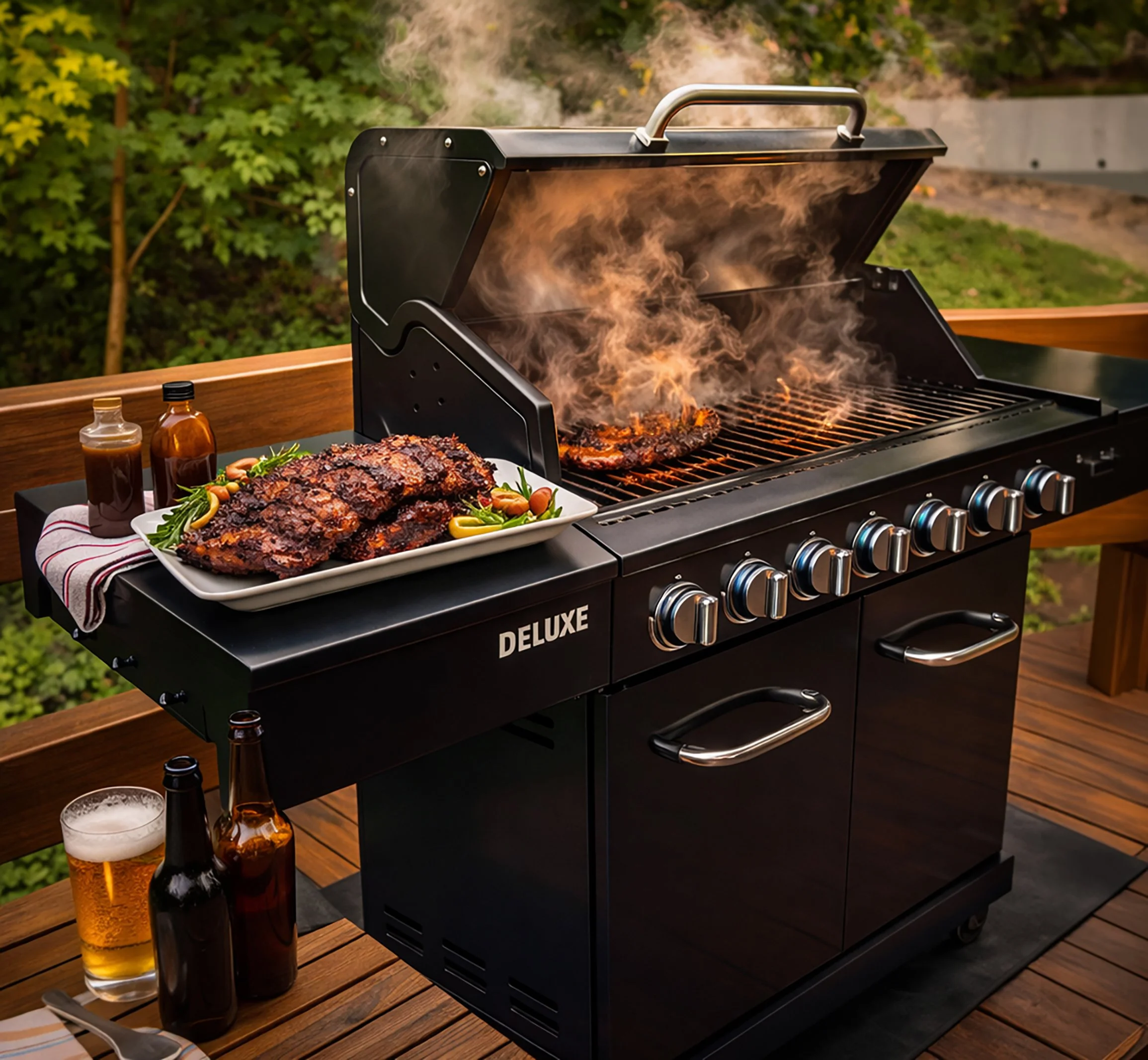 A black deluxe outdoor gas grill on a wooden deck, with meat cooking inside and smoke rising. A tray of cooked ribs with garnishes and condiments on the side, along with beer bottles and a glass of beer nearby.