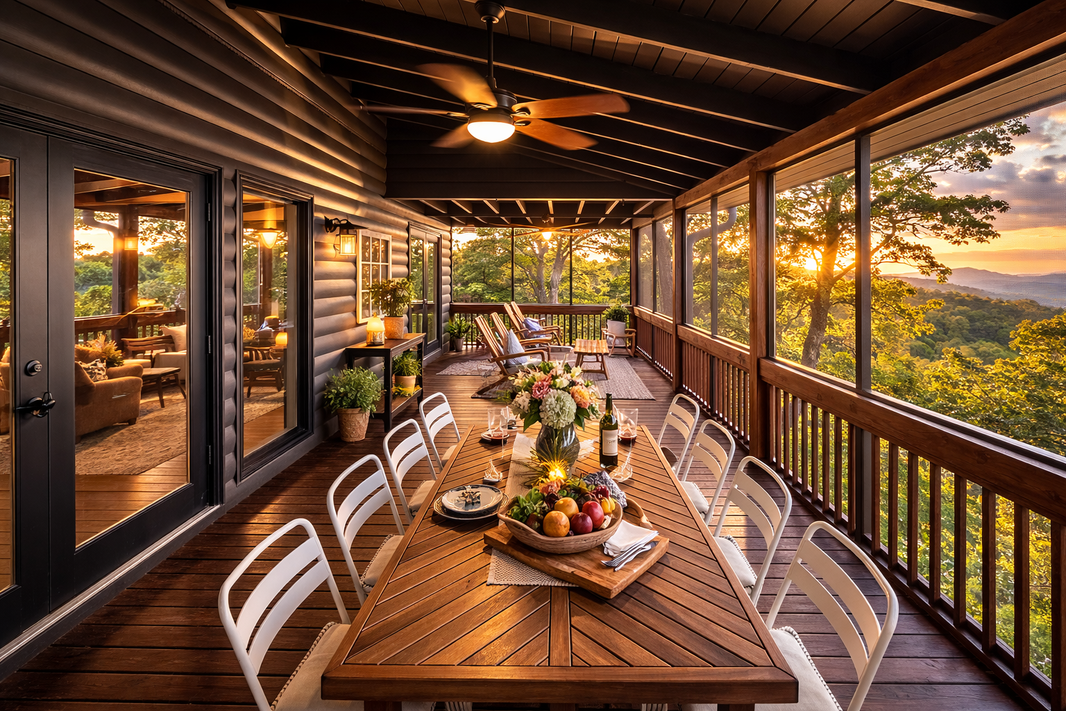 An outdoor porch with a wooden dining table set for a meal at sunset, surrounded by white chairs, with a view of lush green trees and mountains in the distance.