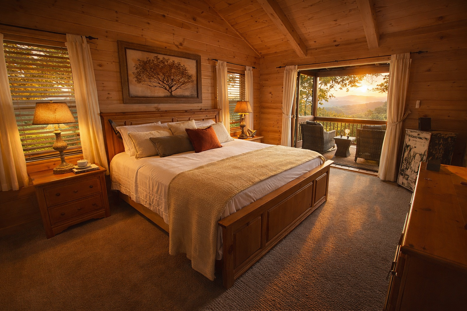 Cozy bedroom with wooden walls, a large bed with multiple pillows, two nightstands with lamps, and a sliding glass door leading to a balcony with outdoor seating and a sunset view over a hilly landscape.