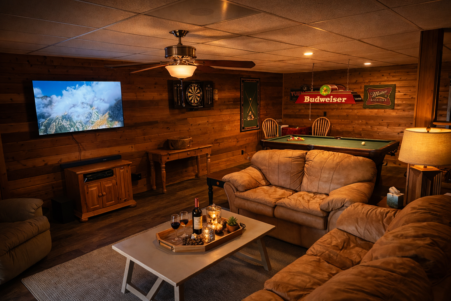 Cozy basement game room with wood-paneled walls, a large TV displaying mountains and clouds, a dartboard, a pool table with a sign for Budweiser overhead, and comfortable sofa seating with a coffee table decorated with wine, candles, and a small plant.