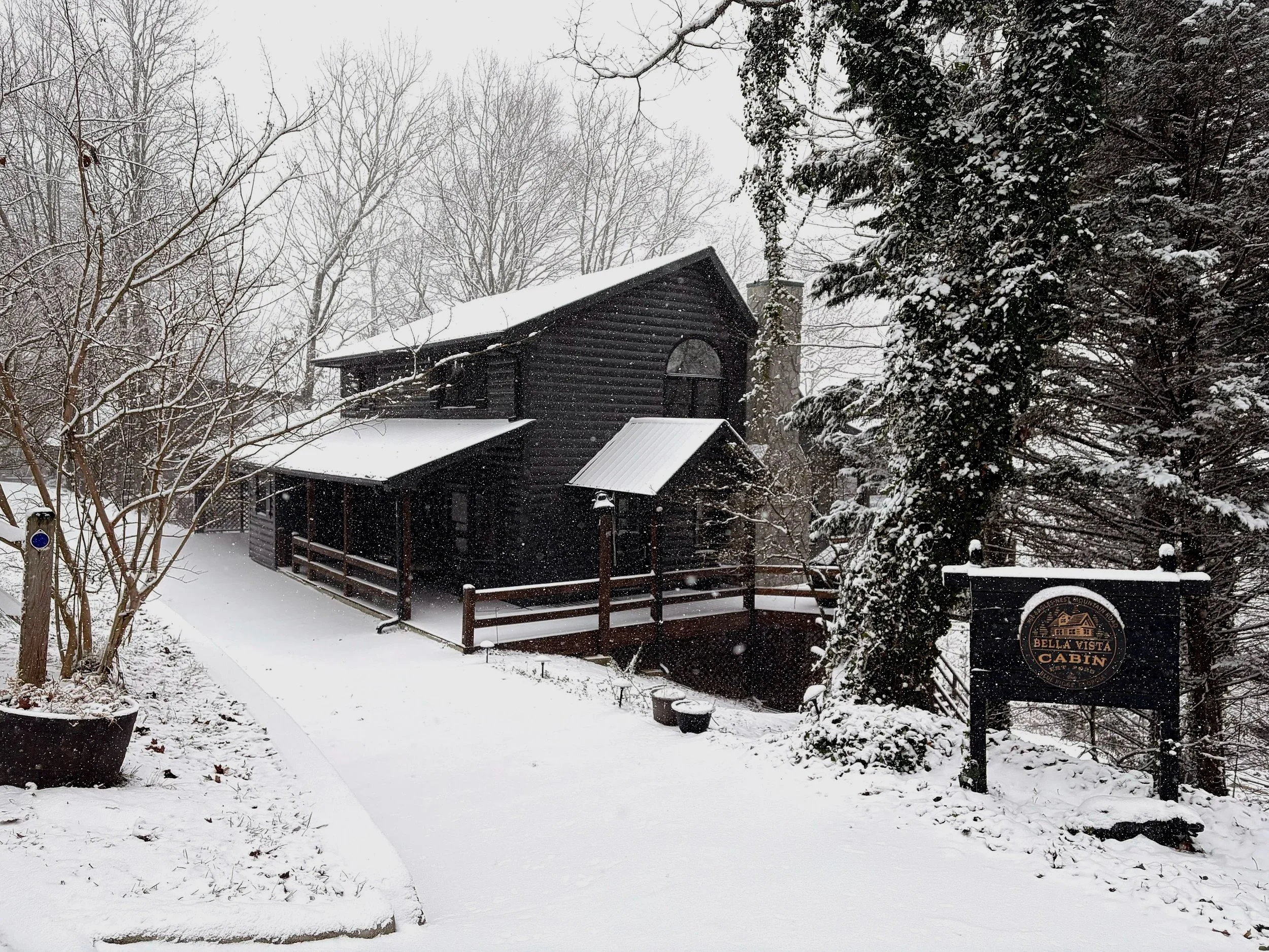 A black wooden cabin with a snow-covered roof, surrounded by trees also covered in snow, with a sign that reads Bella Vista Cabin in a snowy yard.