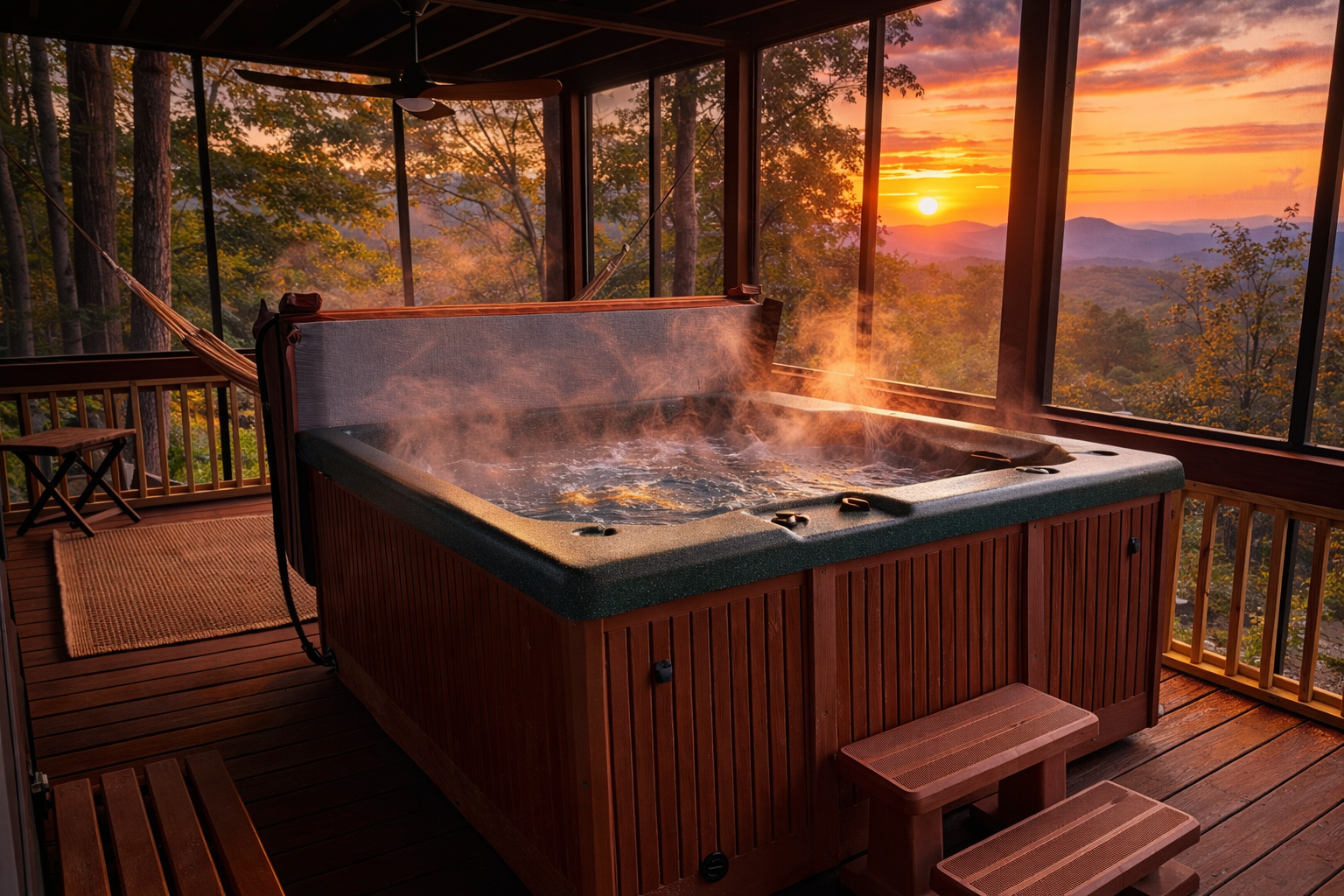 A hot tub on a wooden deck surrounded by screened walls, overlooking a scenic mountain landscape at sunset, with trees, mountains, and colorful sky in the background.